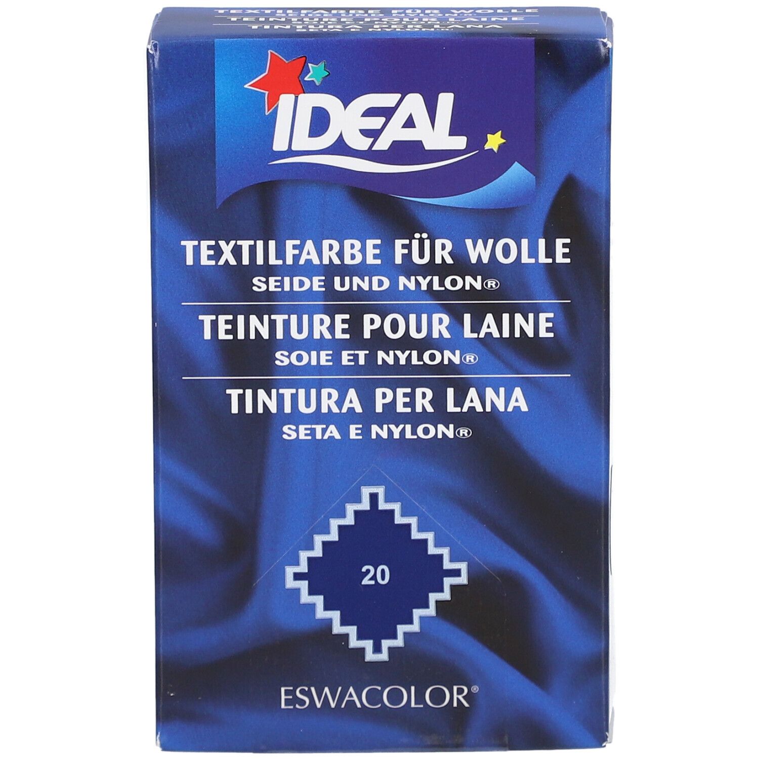 Emballage de teinture textile bleu. Logo Ideal. Texte : Teinture pour laine, soie et nylon. Numéro 20. ESWACOLOR. Échantillon de tissu.