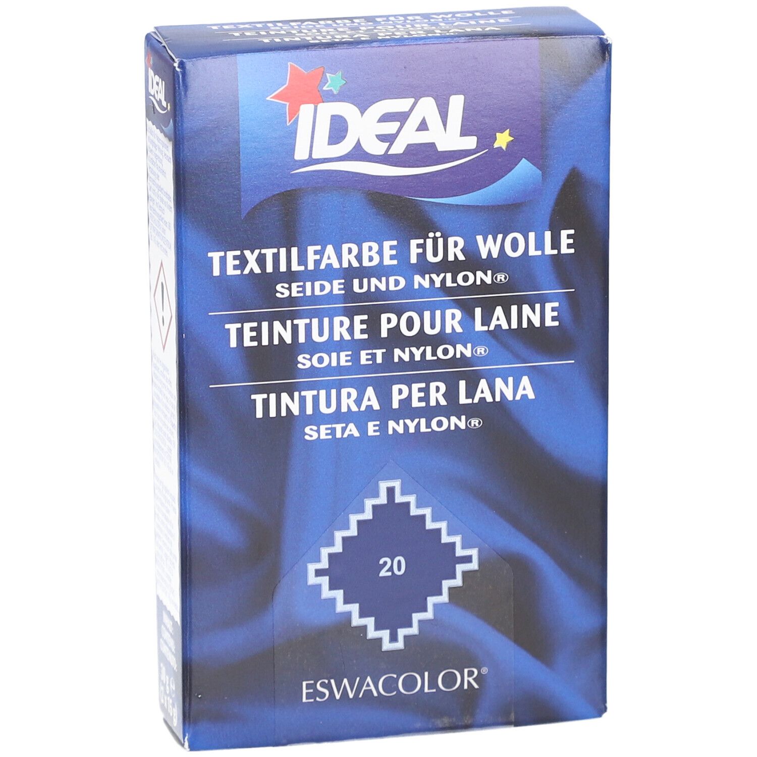 Emballage de teinture textile bleu. Logo Ideal. Texte : Teinture pour laine, soie et nylon. Numéro 20. ESWACOLOR.