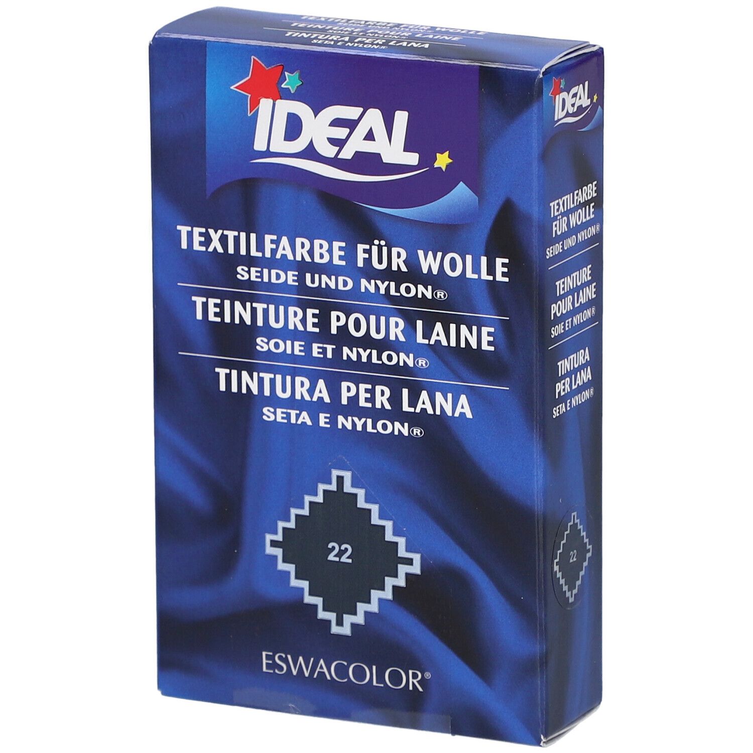 IDEAL Textilfarbe für Wolle, Seide und Nylon. Farbton 22 mausgrau. Verpackung mit Logo und Produktbezeichnung.