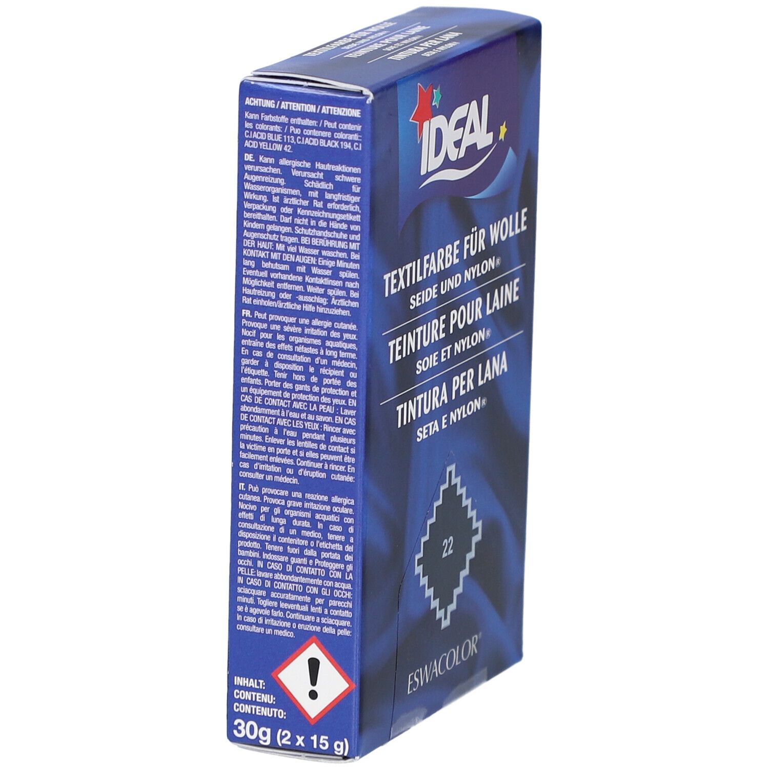 IDEAL Textilfarbe. Verpackung mit Produktinformationen, Warnhinweisen und Inhaltsangabe. Farbton 22 mausgrau.