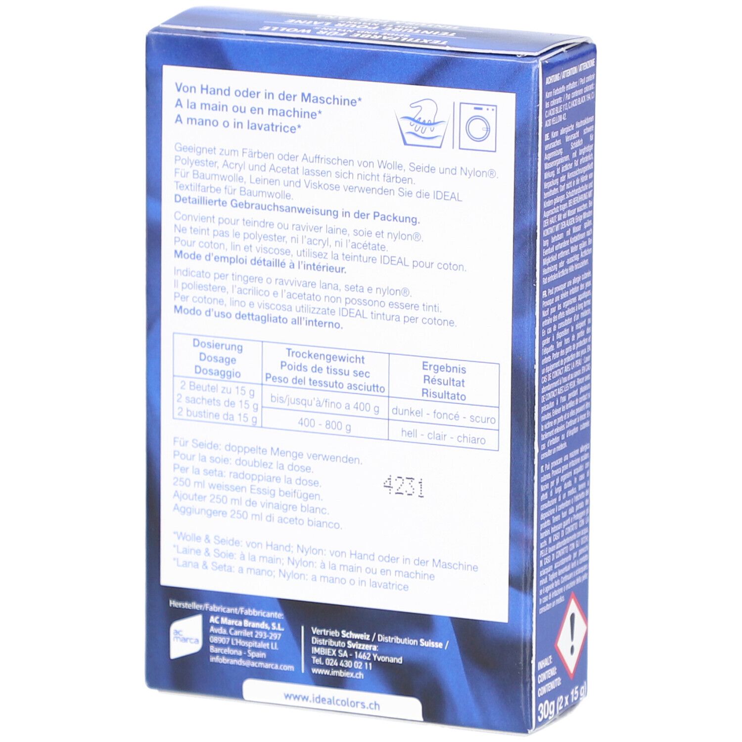 Rückseite der IDEAL Textilfarben-Verpackung. Informationen zur Anwendung und Dosierung. Farbton 22 mausgrau.