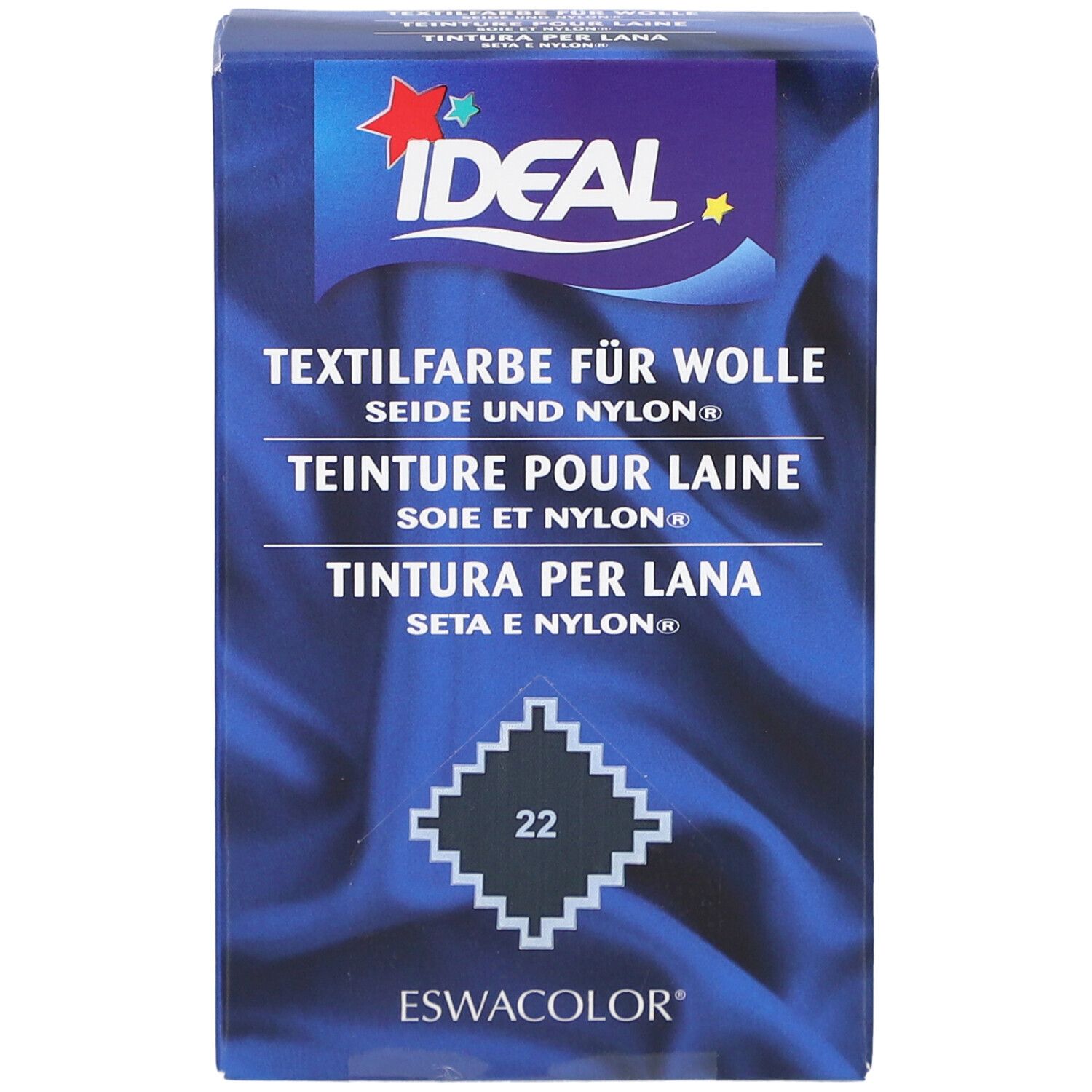 IDEAL Textilfarbe für Wolle, Seide und Nylon. Farbton 22 mausgrau. Verpackung mit Logo und Produktbezeichnung.