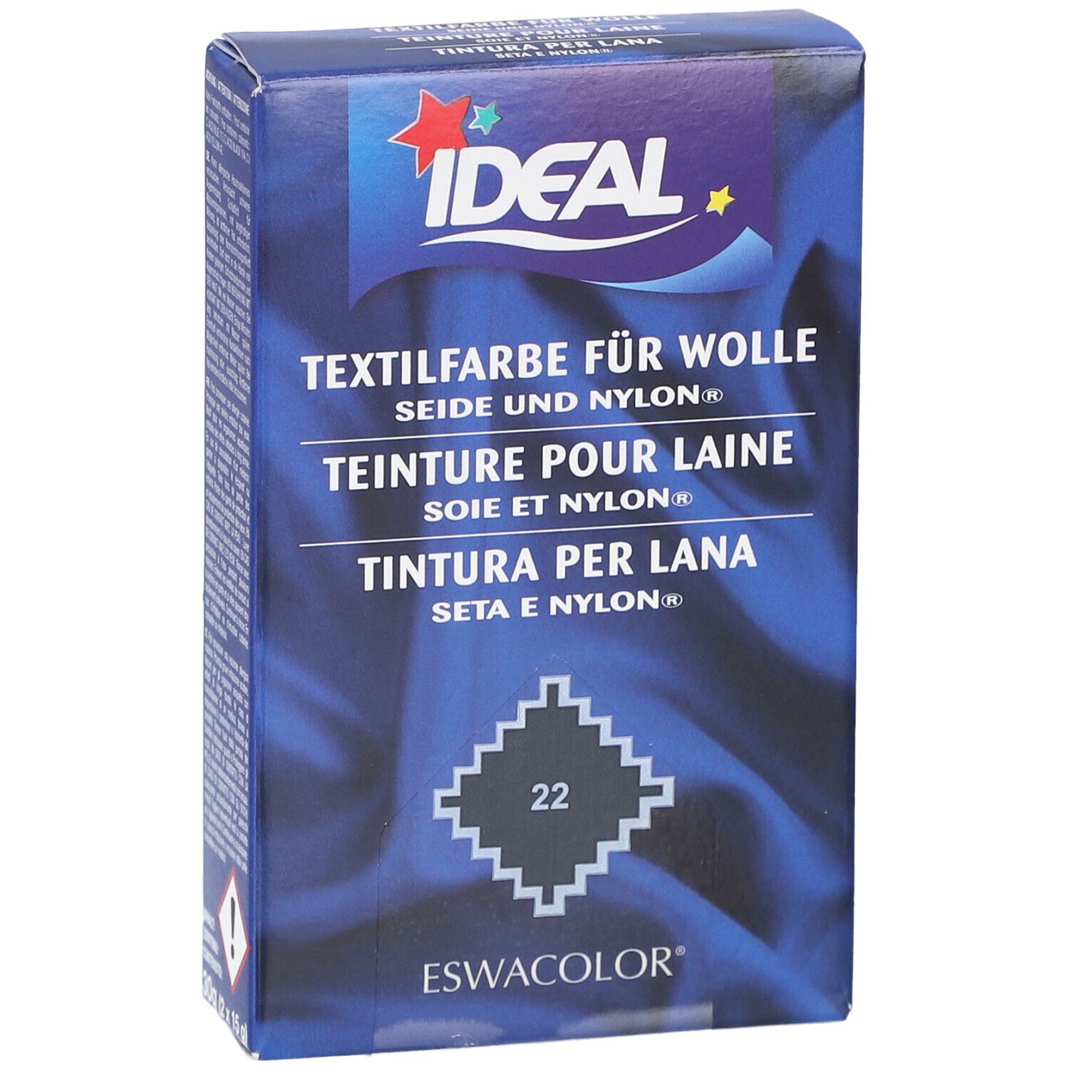 IDEAL Textilfarbe für Wolle, Seide und Nylon. Farbton 22 mausgrau. Verpackung mit Logo und Produktbezeichnung.