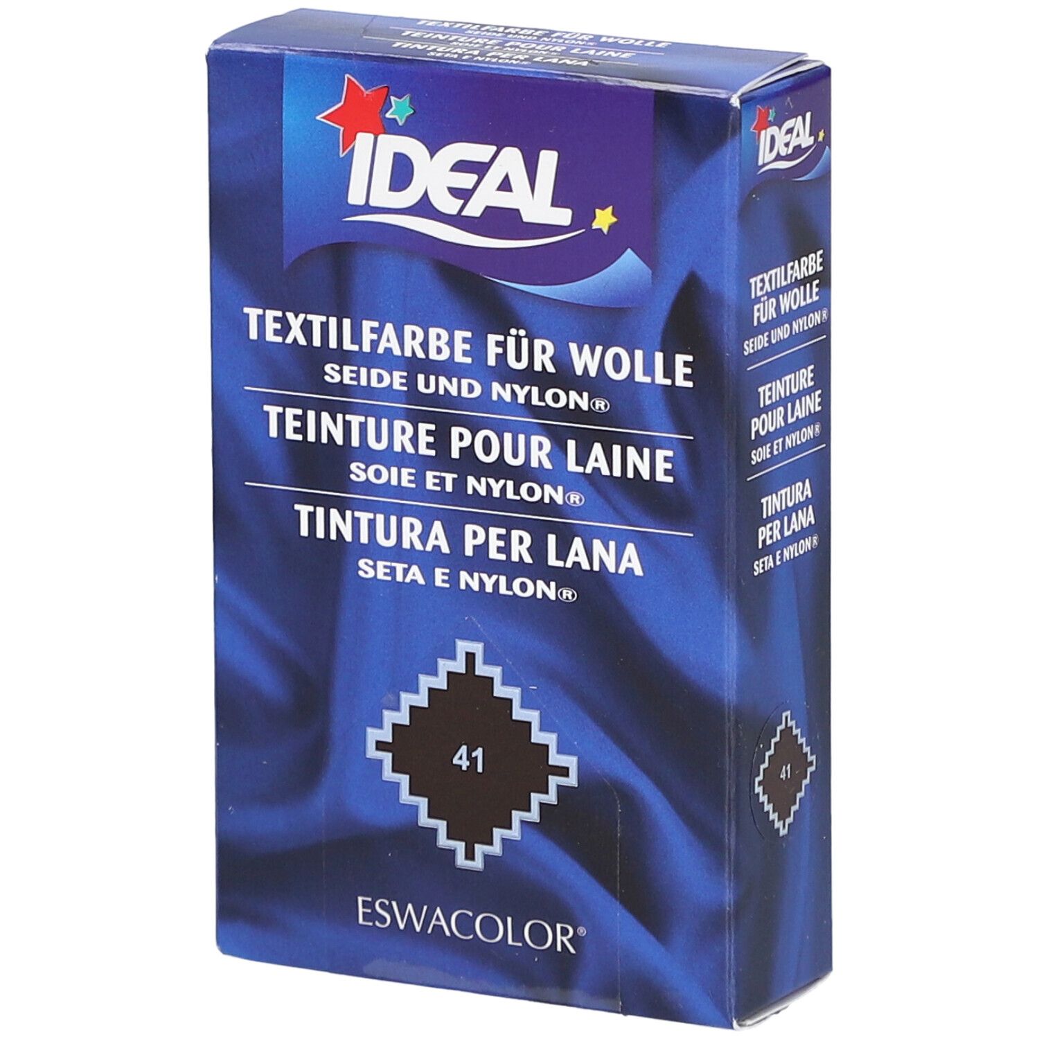 IDEAL Textilfarbe für Wolle, Farbton 41 havanna. Verpackung mit Produktinformationen.