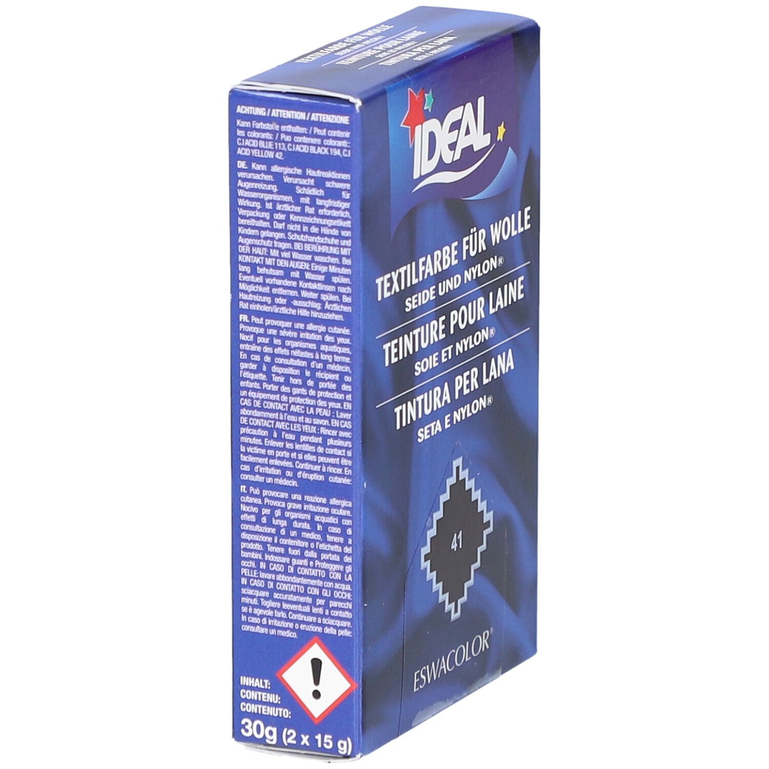 IDEAL Textilfarbe für Wolle. Verpackung mit Warnhinweisen und Inhaltsangabe: 30g (2x15g).