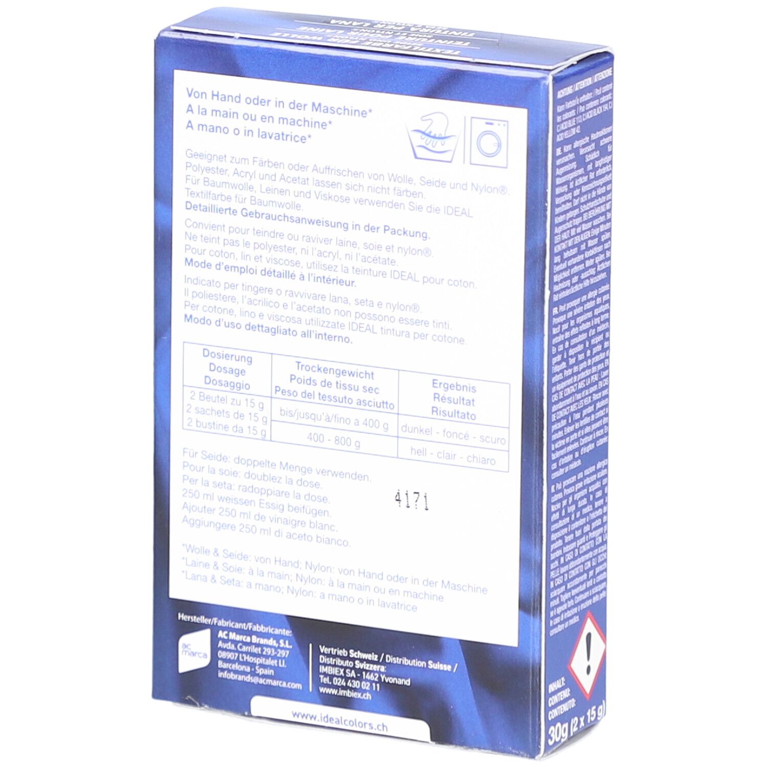 Rückseite der IDEAL Textilfarben-Verpackung. Enthält Dosierungsanweisungen und Informationen.