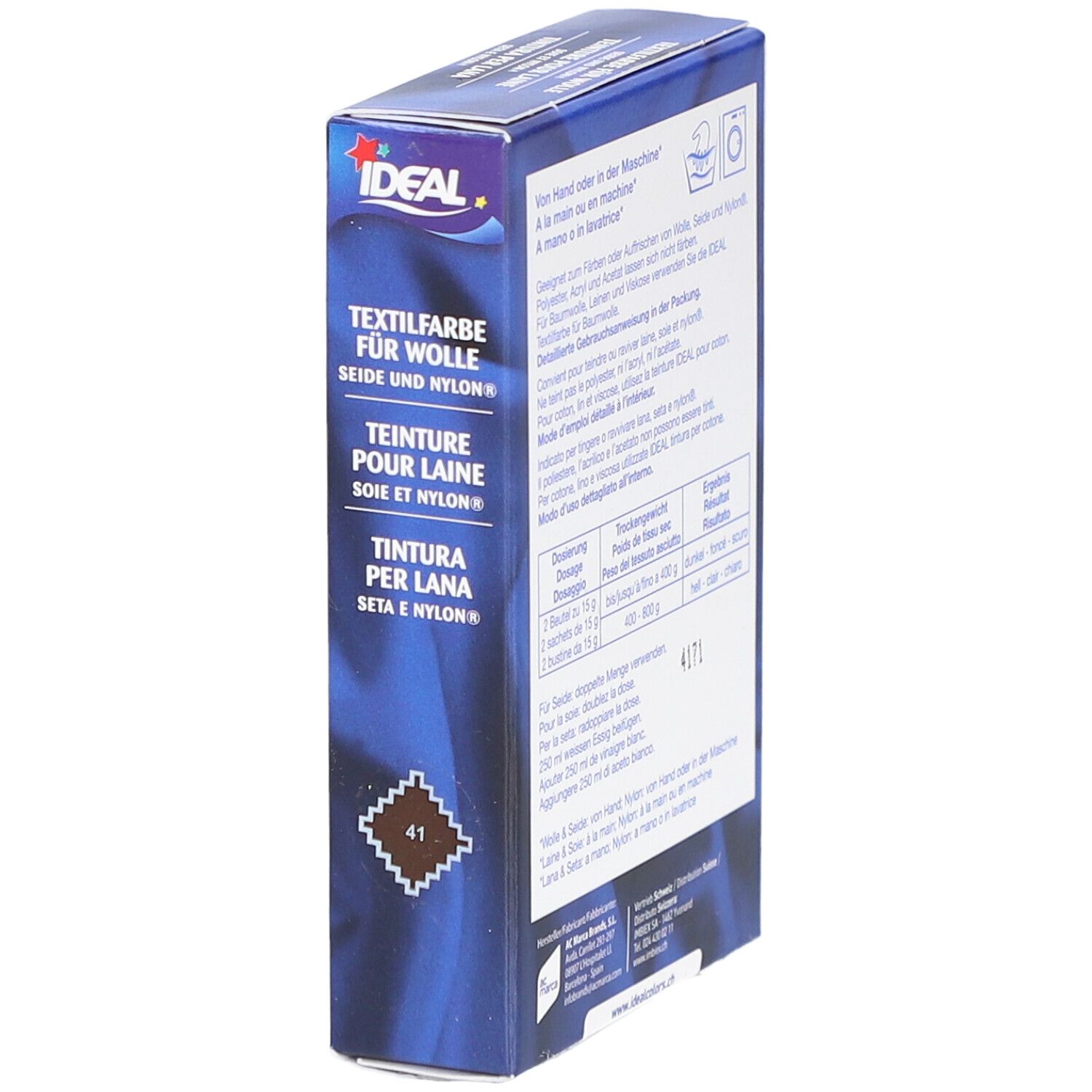 IDEAL Textilfarbe für Wolle, Farbton 41 havanna. Verpackung mit Produktinformationen.