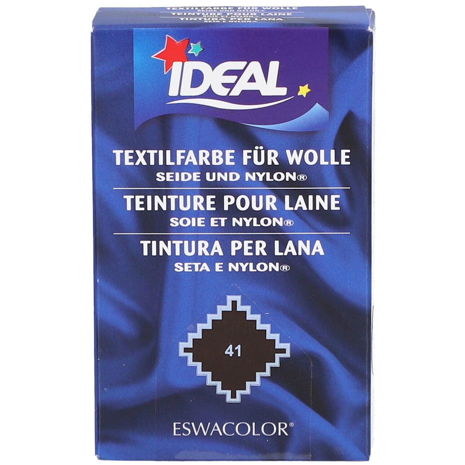IDEAL Textilfarbe für Wolle, Farbton 41 havanna. Verpackung mit Produktinformationen.