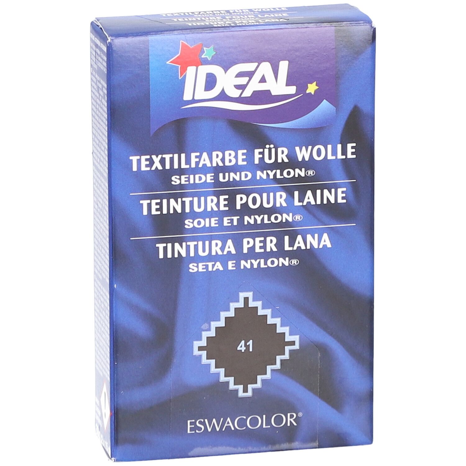 IDEAL Textilfarbe für Wolle, Farbton 41 havanna. Verpackung mit Produktinformationen.