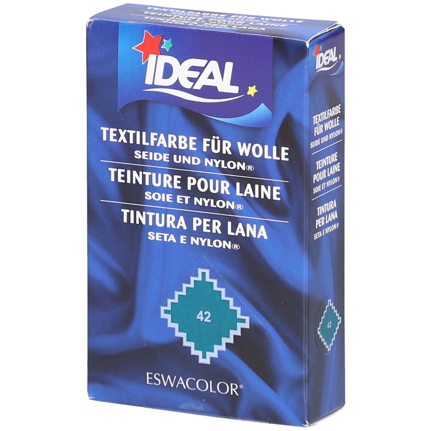 Ideal Textilfarbe-Box. Aufschrift: Textilfarbe für Wolle, Seide & Nylon. Farbnummer 42. Marke Ideal und ESWACOLOR.