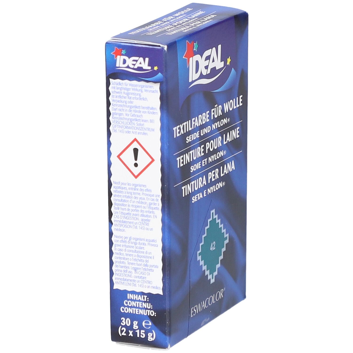 Ideal Textilfarbe-Box. Aufschrift: Textilfarbe für Wolle, Seide & Nylon. Warnhinweis. Inhalt: 30g (2 x 15g). Marke Ideal und ESWACOLOR.