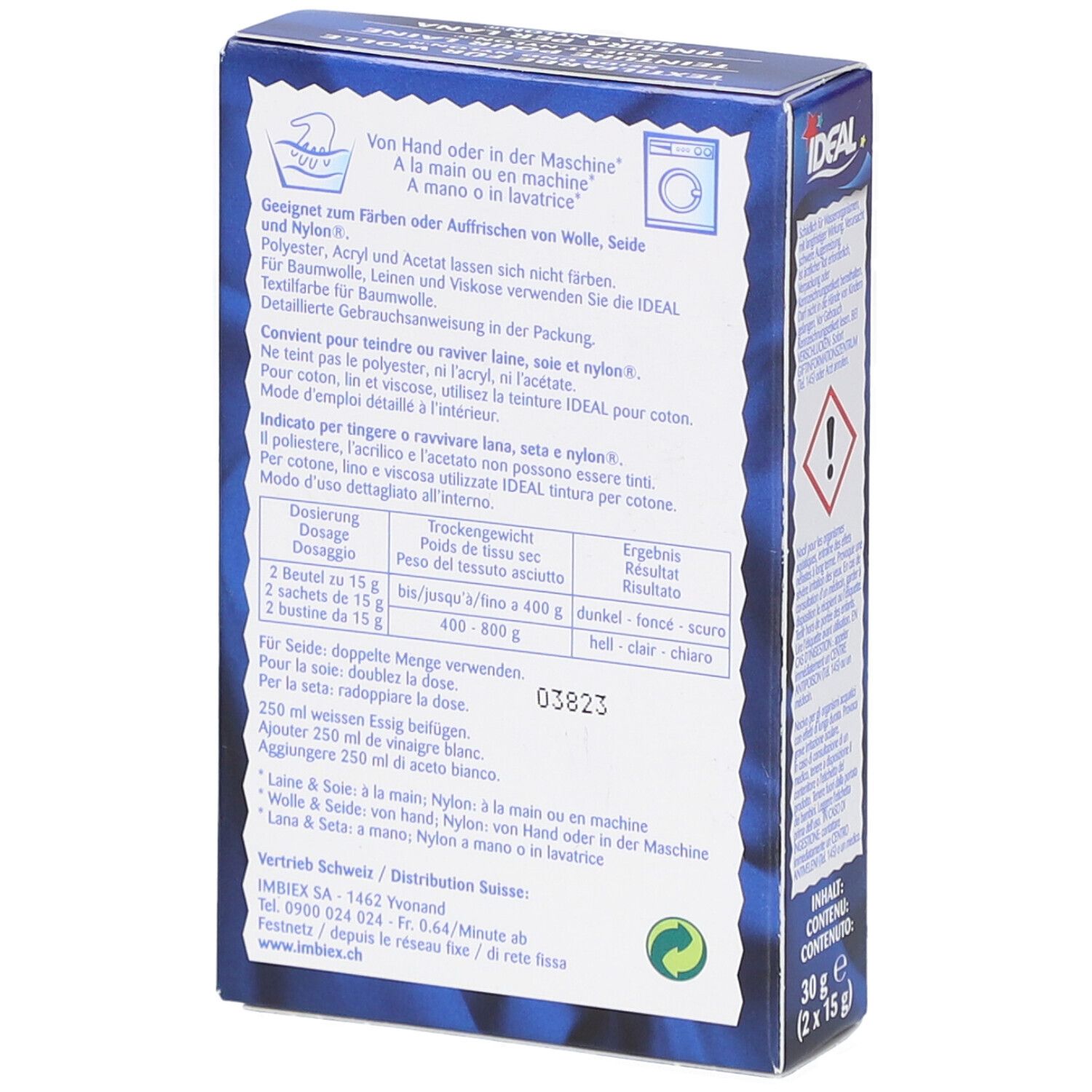 Rückseite der Ideal Textilfarbe-Box. Text über Anwendung und Dosierung. Waschmaschinen-Symbol. Inhalt: 30g (2 x 15g).