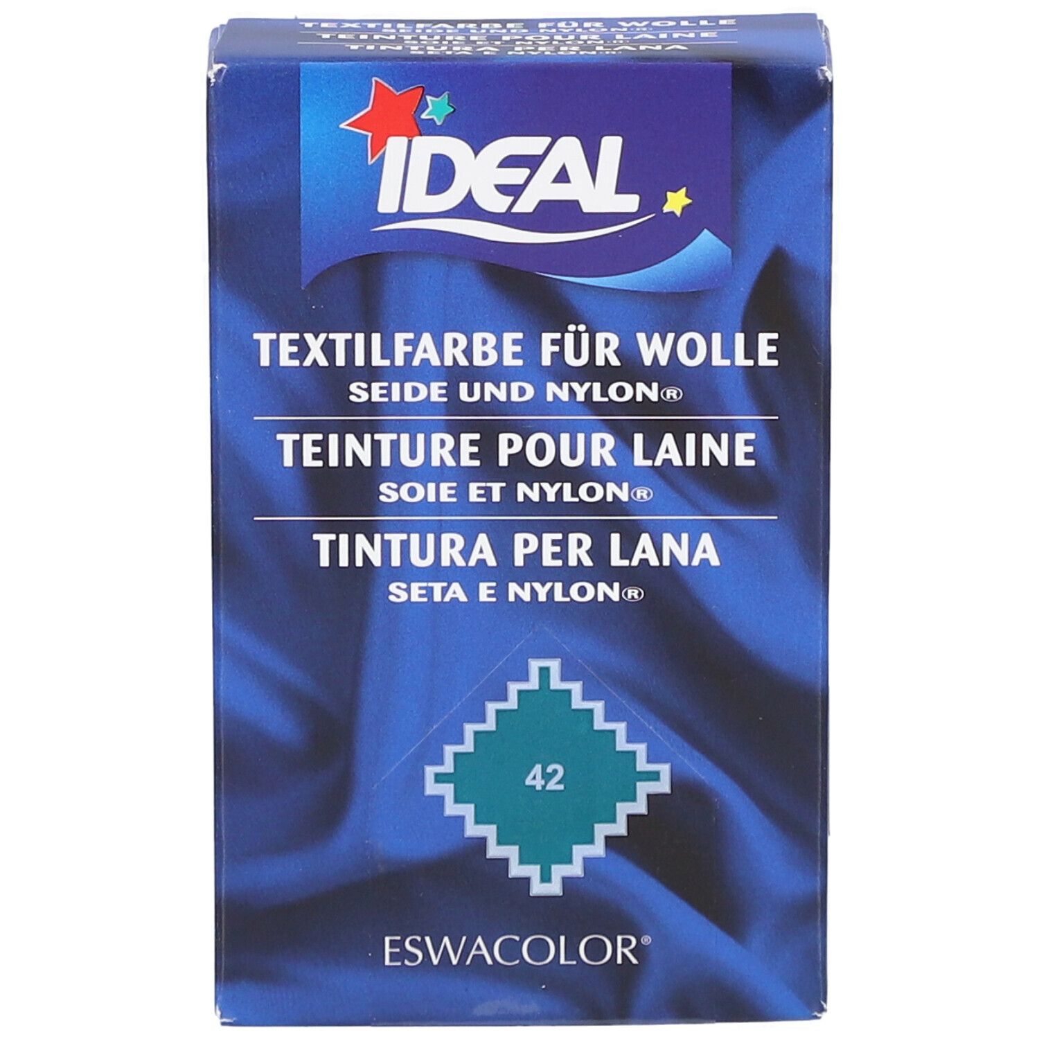 Ideal Textilfarbe-Box. Aufschrift: Textilfarbe für Wolle, Seide & Nylon. Farbnummer 42. Marke Ideal und ESWACOLOR.