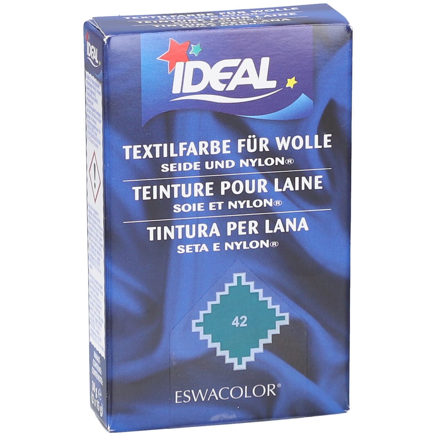 Ideal Textilfarbe-Box. Aufschrift: Textilfarbe für Wolle, Seide & Nylon. Farbnummer 42. Marke Ideal und ESWACOLOR.