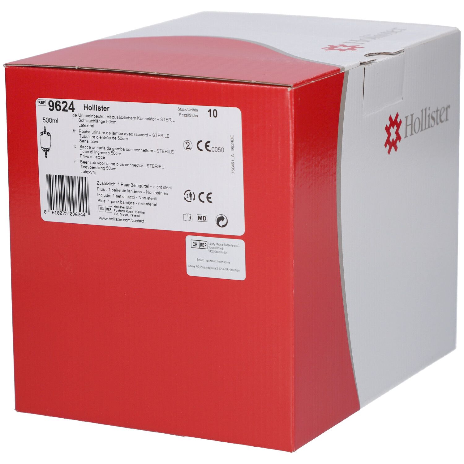 Karton mit Hollister-Logo und rotem Akzent. Produktinformationen auf Etikett.