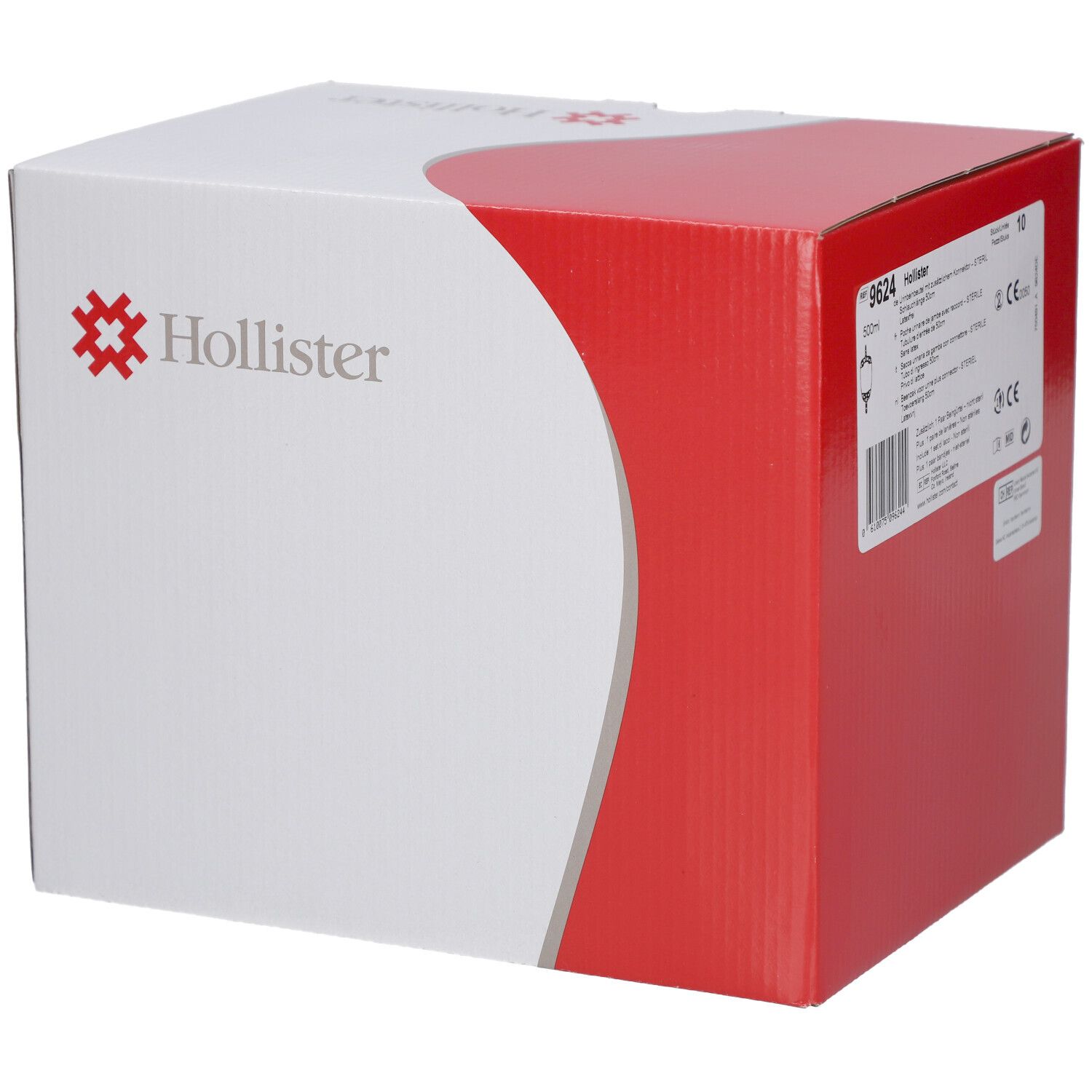 Karton mit Hollister-Logo und rotem Akzent. Produktinformationen auf Etikett.