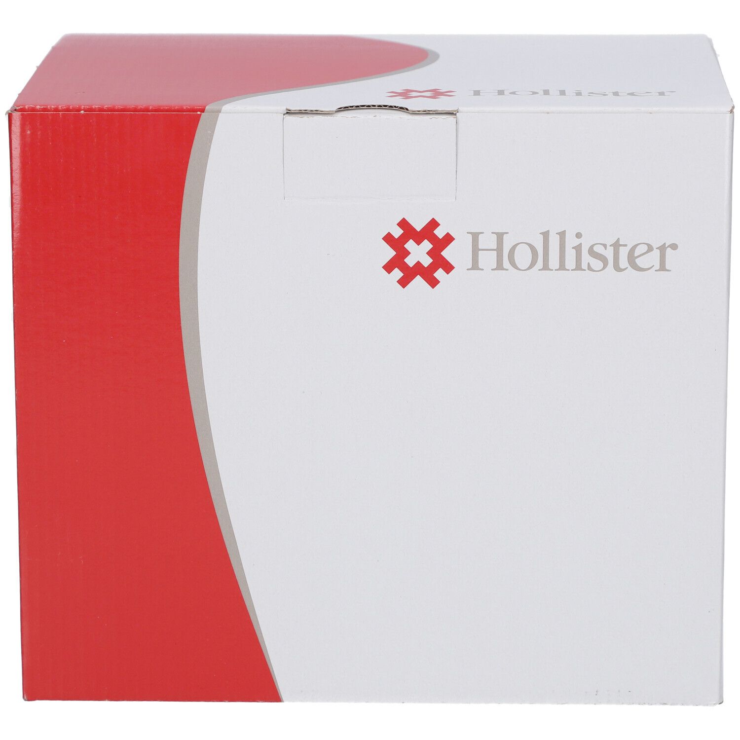 Karton mit Hollister-Logo und rotem Akzent. Nur Logo und Text.