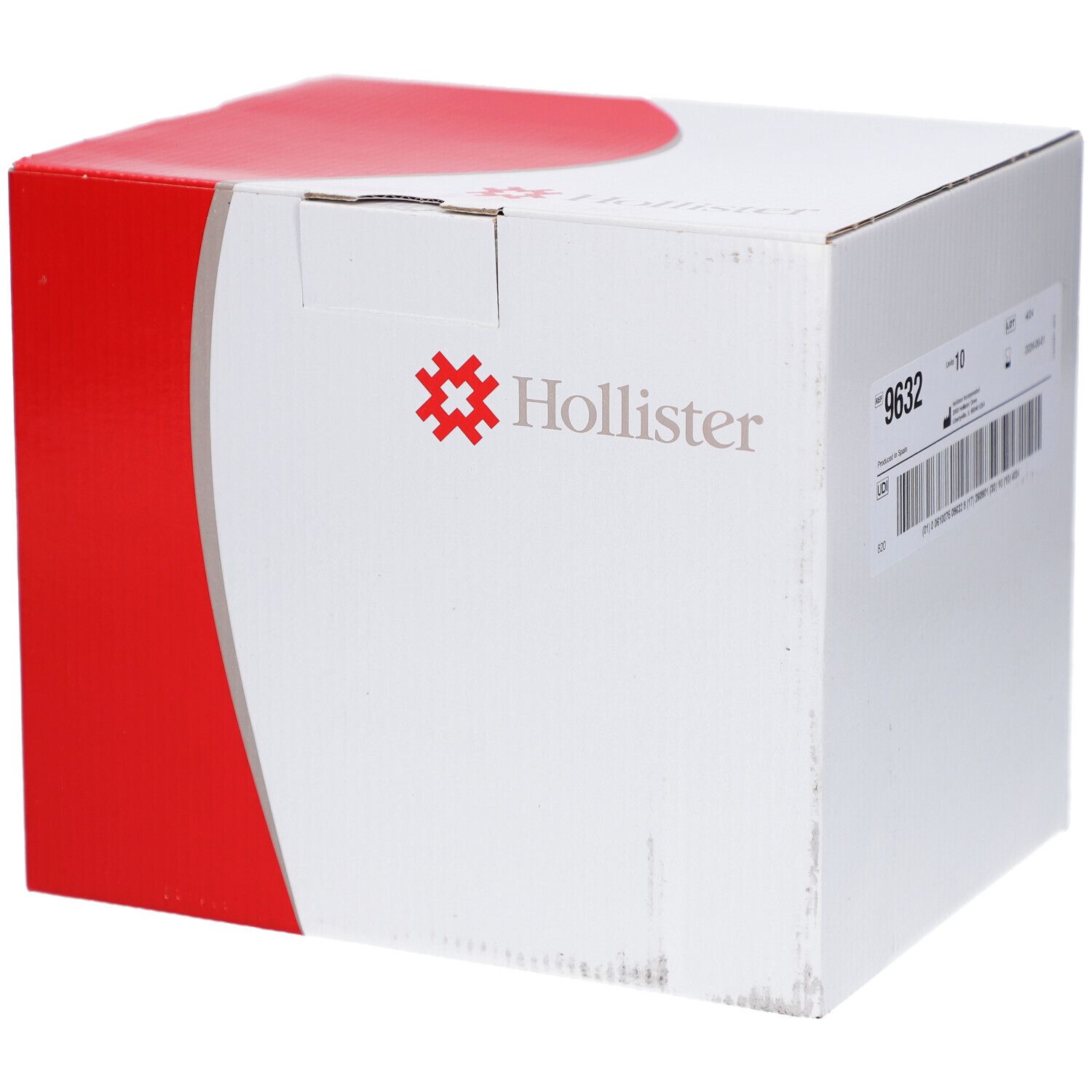 Boîte Hollister avec logo et marquage rouge. Inscription 9632 et code-barres.