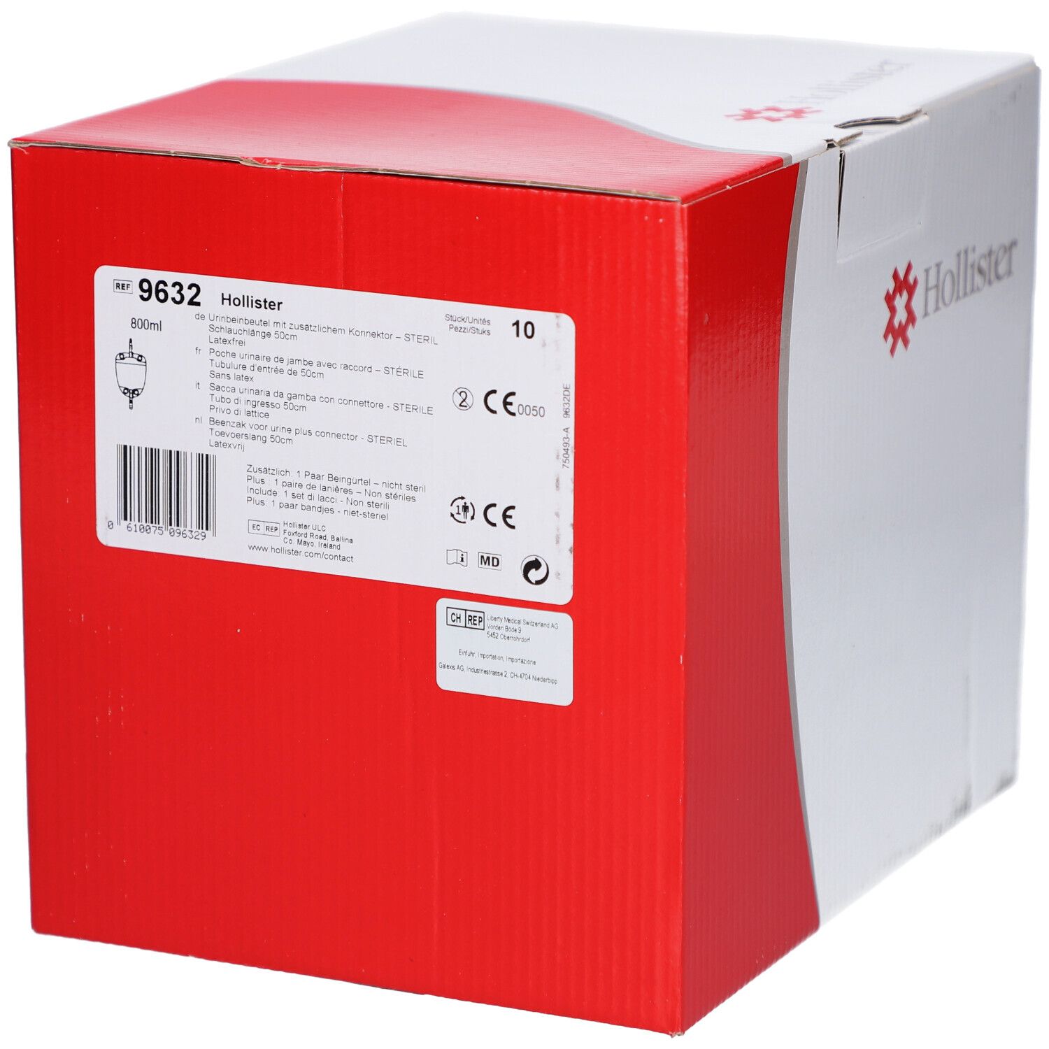 Boîte Hollister avec informations produit. Inscription 9632, 800ml, 10 pièces, marquage CE.