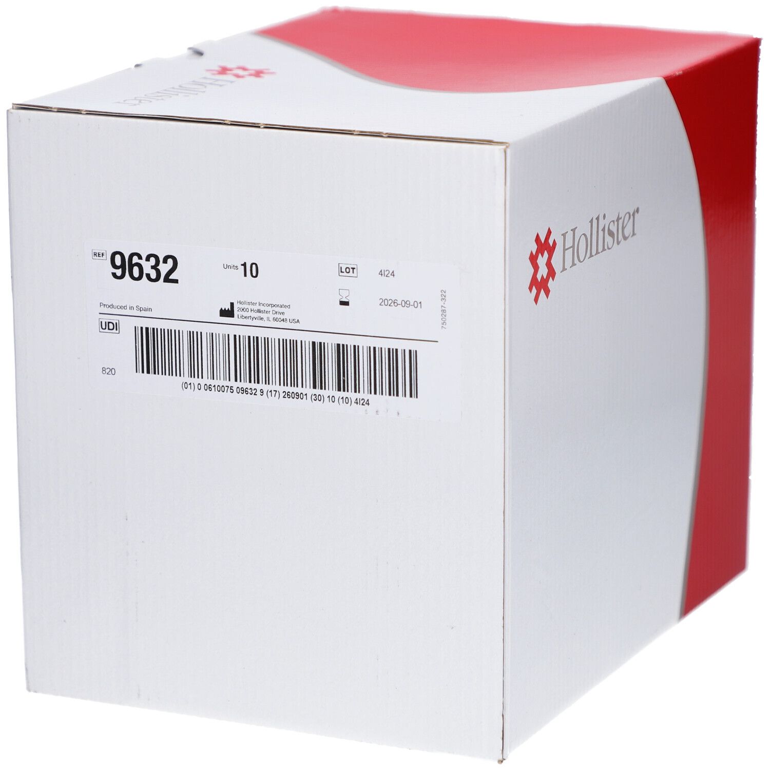 Boîte Hollister avec informations produit. Inscription 9632, numéro de lot, date d'expiration, code-barres.