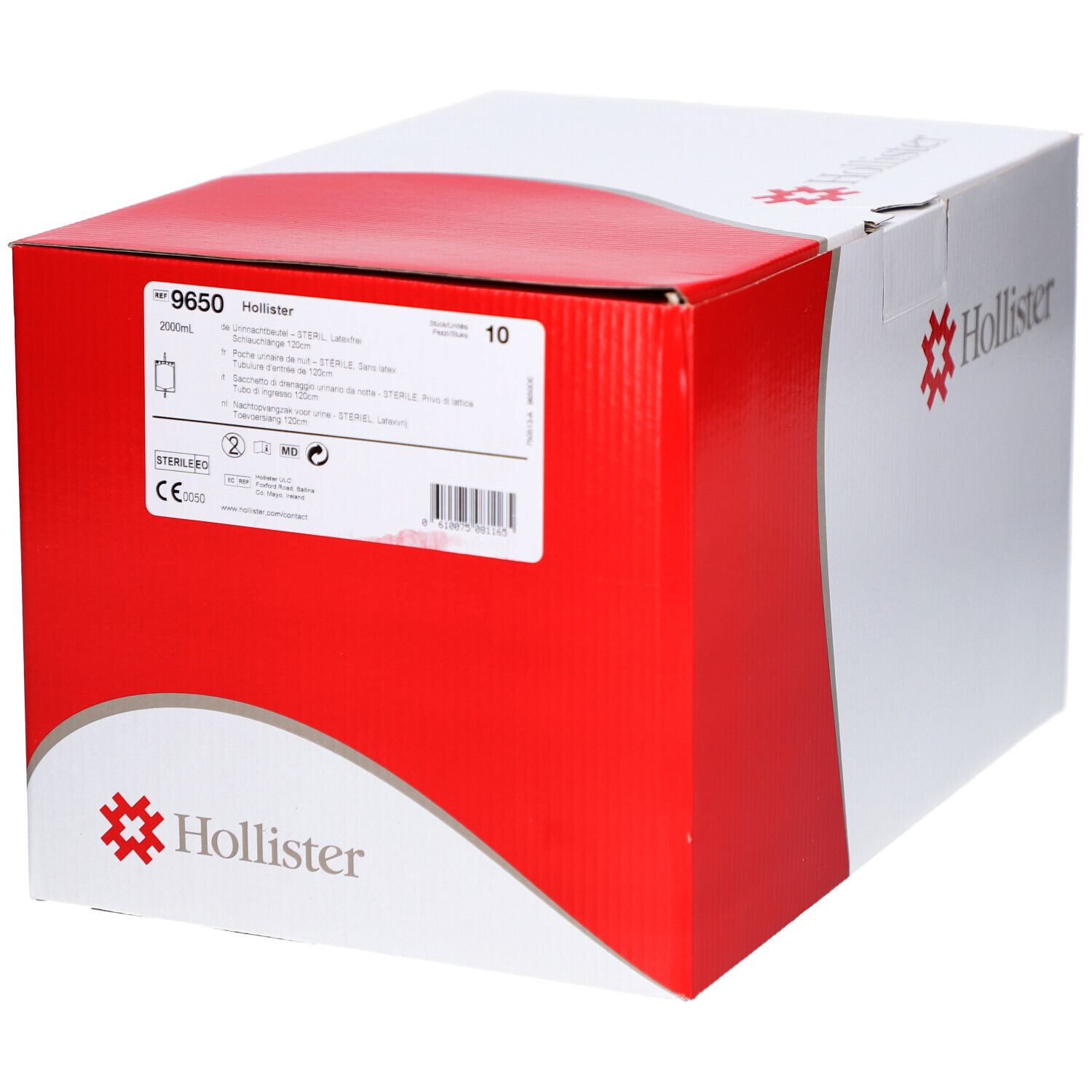 Verpackung mit roter und weißer Fläche. Hollister-Logo und Produktinformationen. Aufdruck: 9650, 200ml, 10 Stück.
