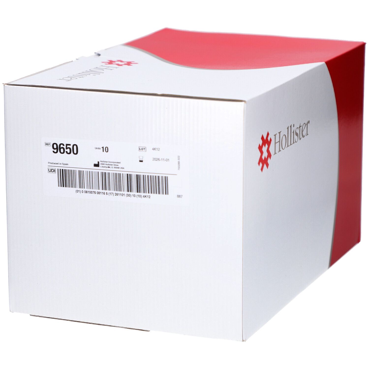 Weiße Verpackung mit roter Akzentfläche. Hollister-Logo. Aufdruck: 9650, 10 Stück, Barcode.