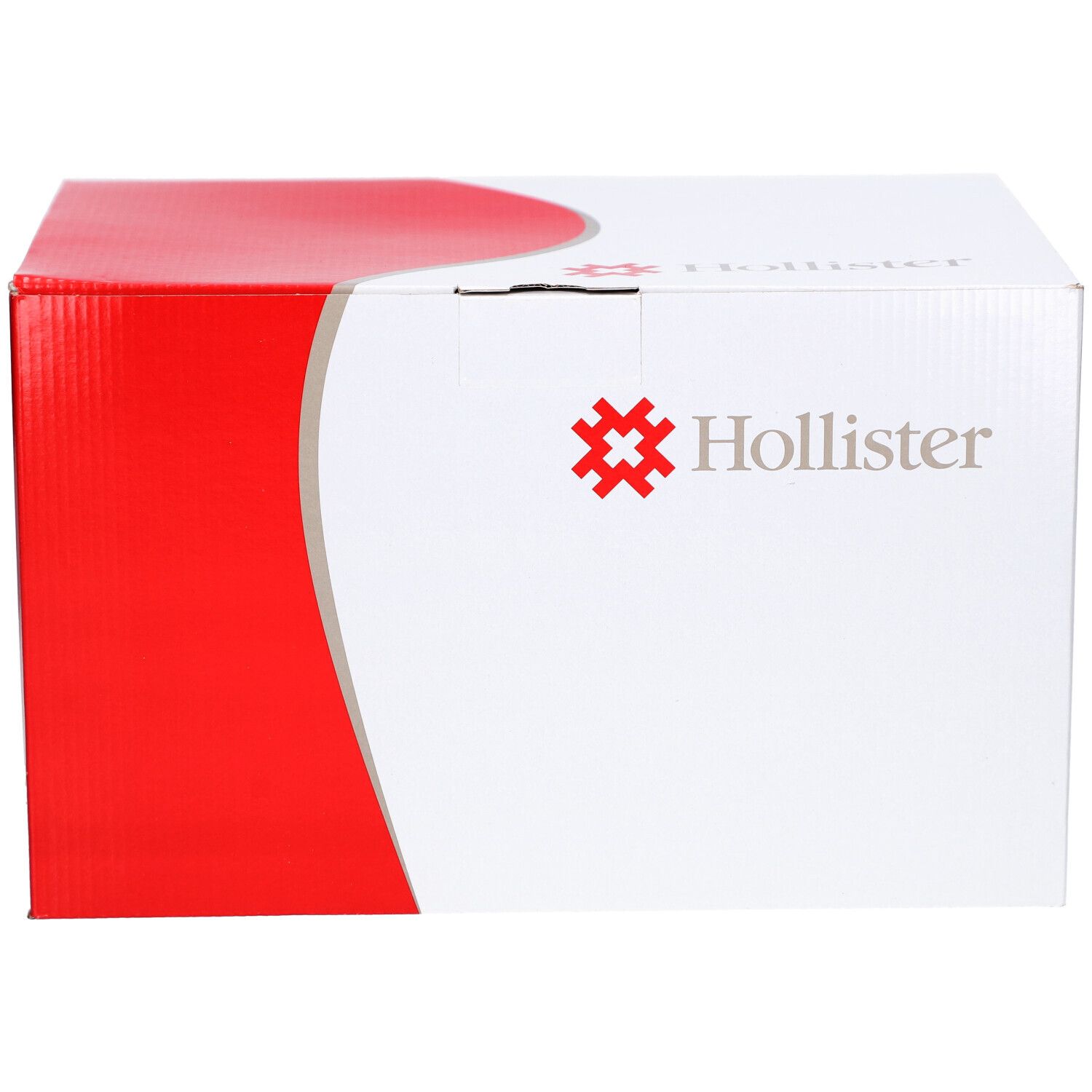 Weiße Verpackung mit roter Akzentfläche. Hollister-Logo. Karton mit Produktinformationen.