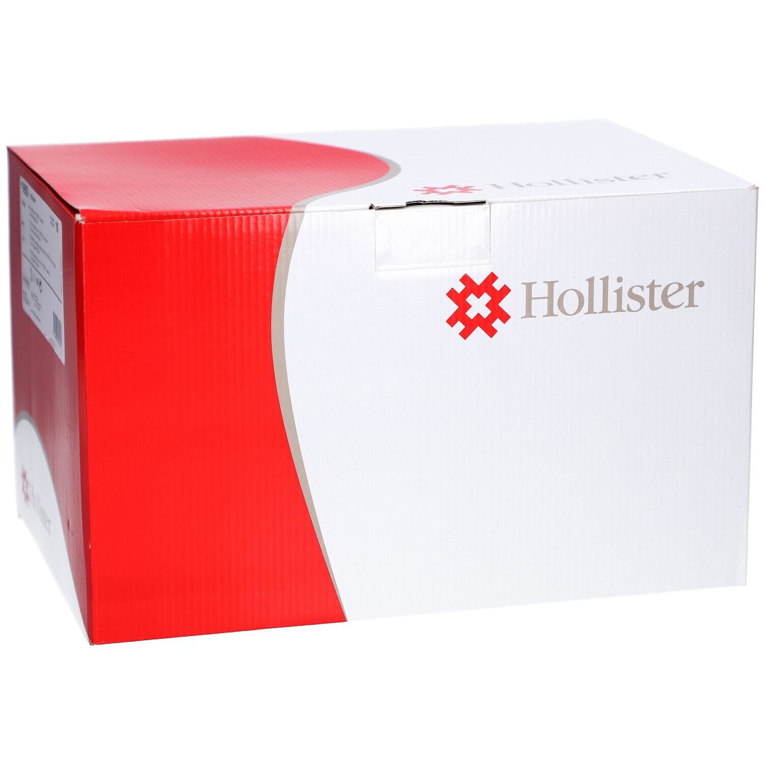 Weiße Verpackung mit roter Akzentfläche. Hollister-Logo. Karton mit Produktinformationen.