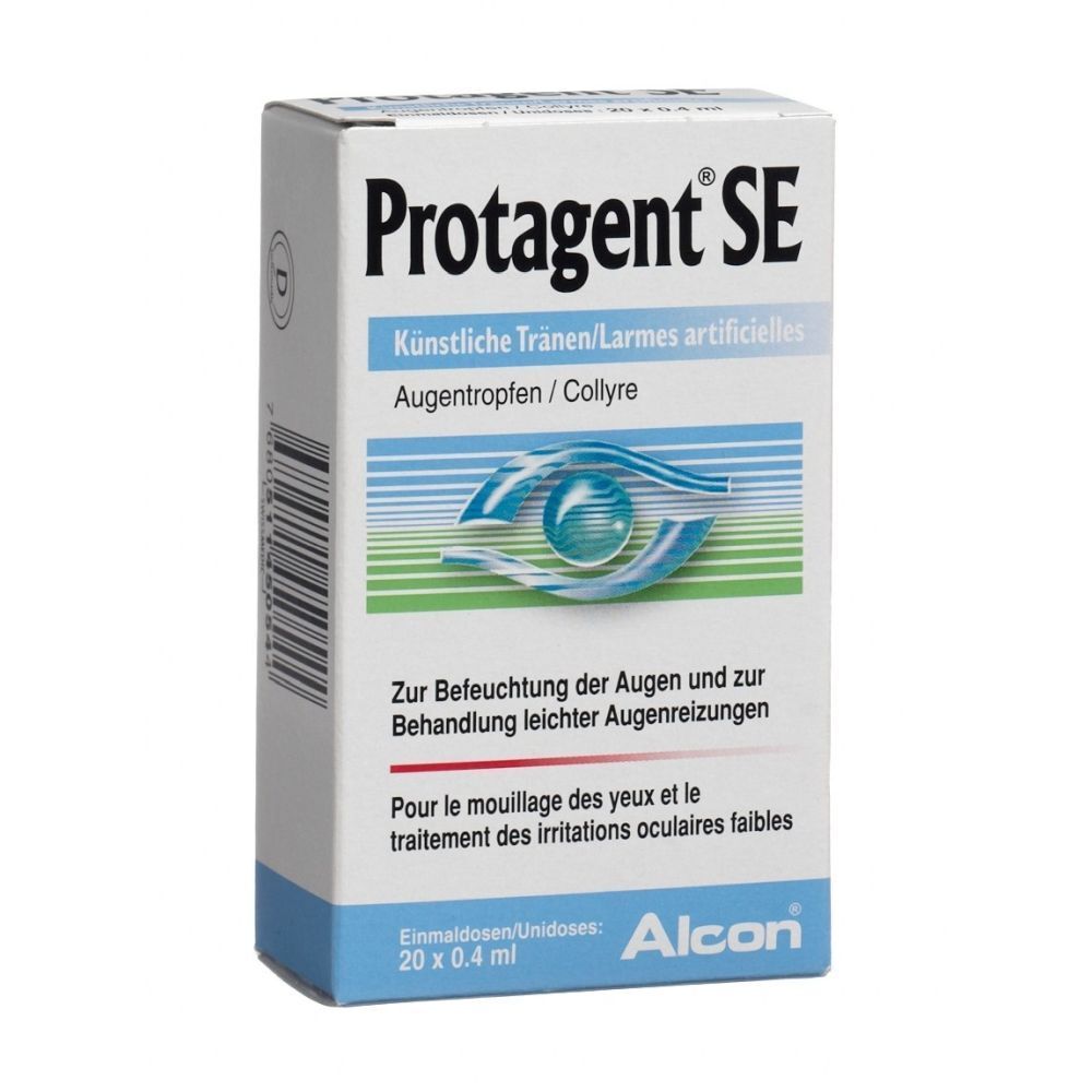 Karton mit Produktaufdruck. Text: Protagent SE, Augentropfen. Enthält 20 Einzeldosen. Marke Alcon.