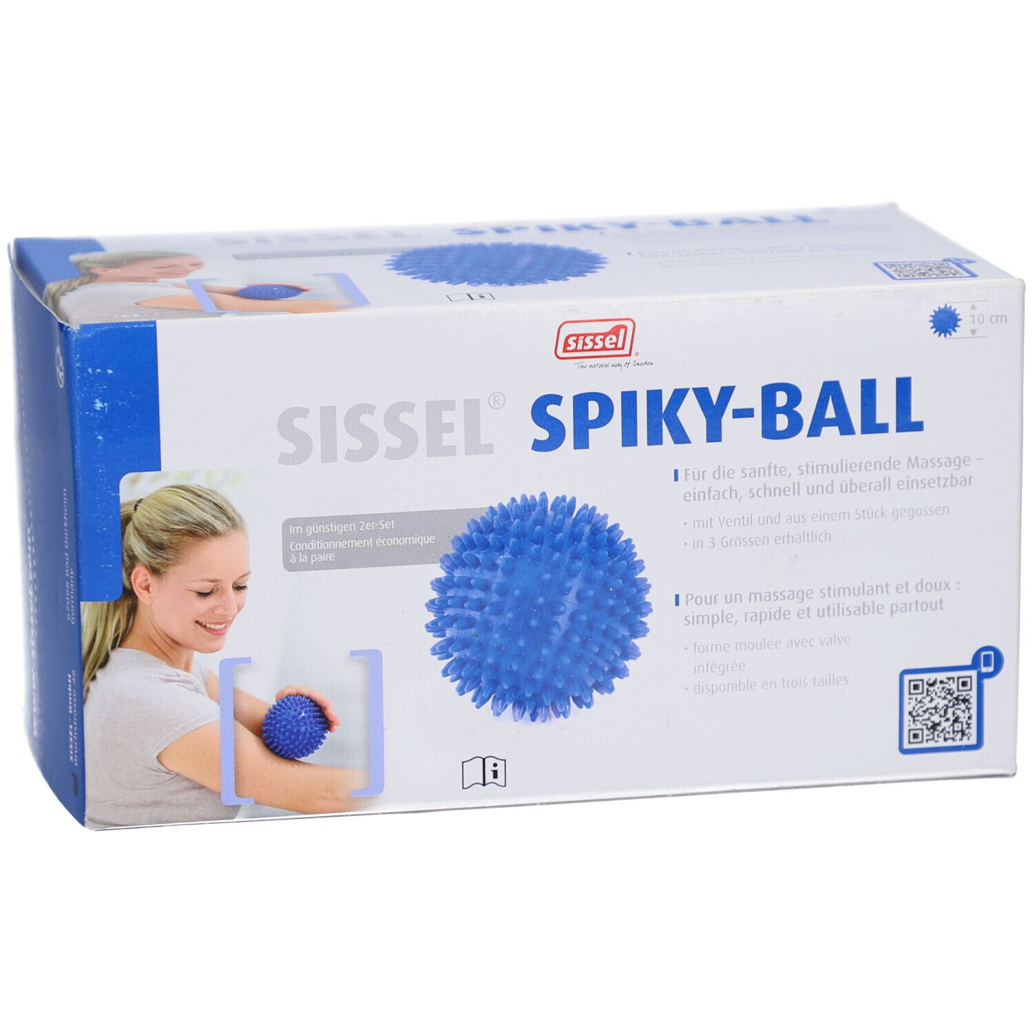Verpackung der Sissel® Spiky-Ball. Blaue Stachelkugel, Produktname und Logo. Text in Deutsch und Französisch. Frau mit Ball abgebildet.