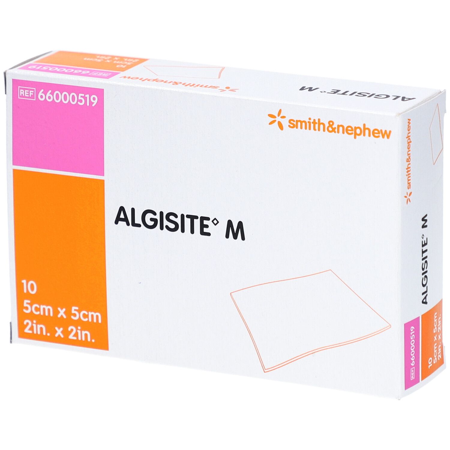 Verpackung von Algisit M, 5cm x 5cm. Enthält 10 Stück. Marke Smith & Nephew.