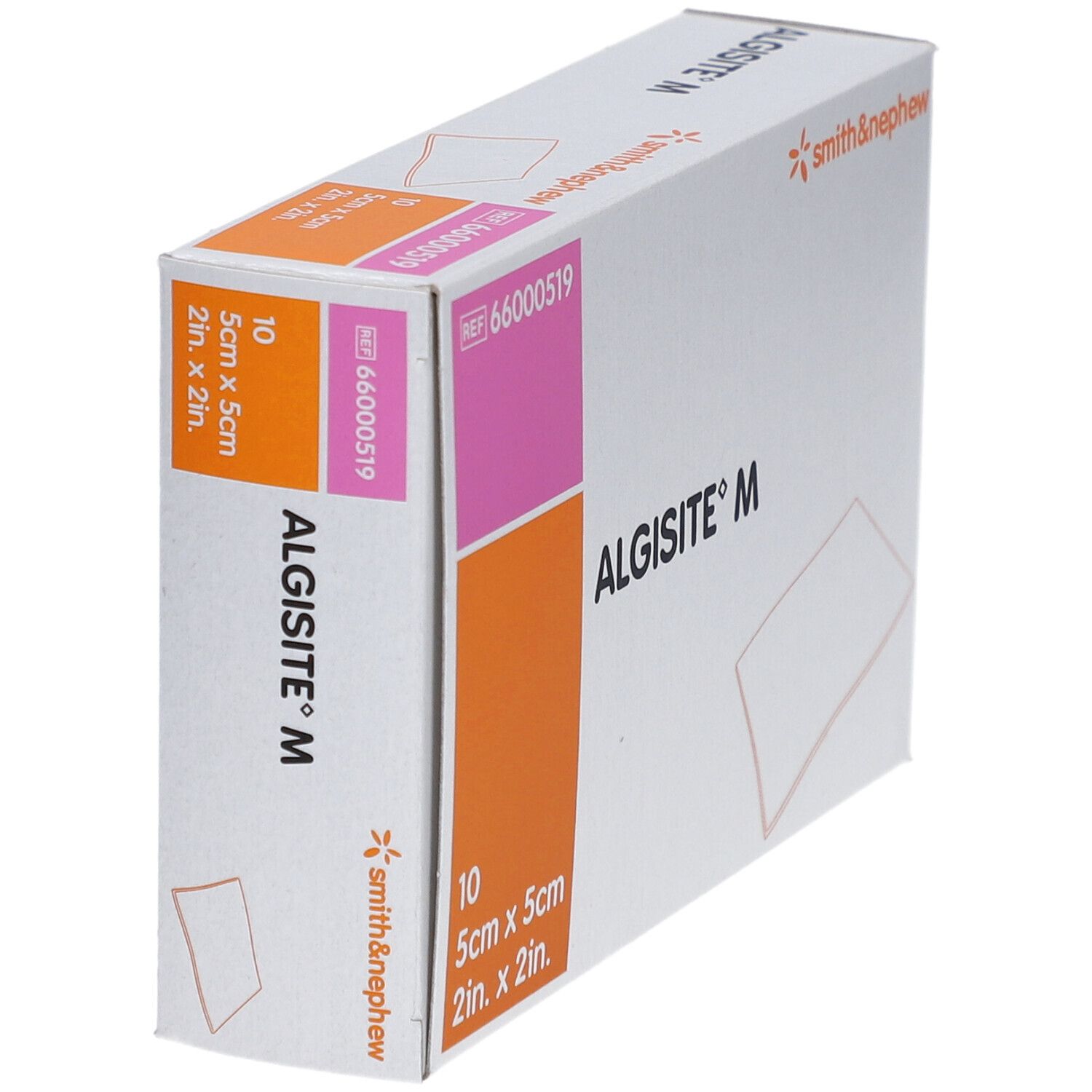 Schräg gestellte Verpackung von Algisit M, 5cm x 5cm. Marke Smith & Nephew.