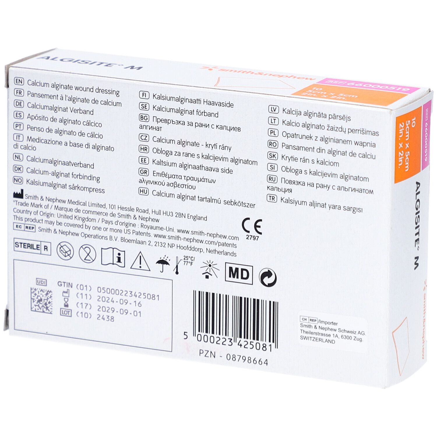 Rückseite der Algisit M Verpackung. Mehrsprachige Produktinformationen und Logos.