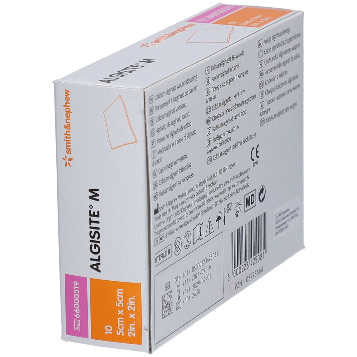 Schräg gestellte Verpackung von Algisit M. Marke Smith & Nephew. Produktinformationen.
