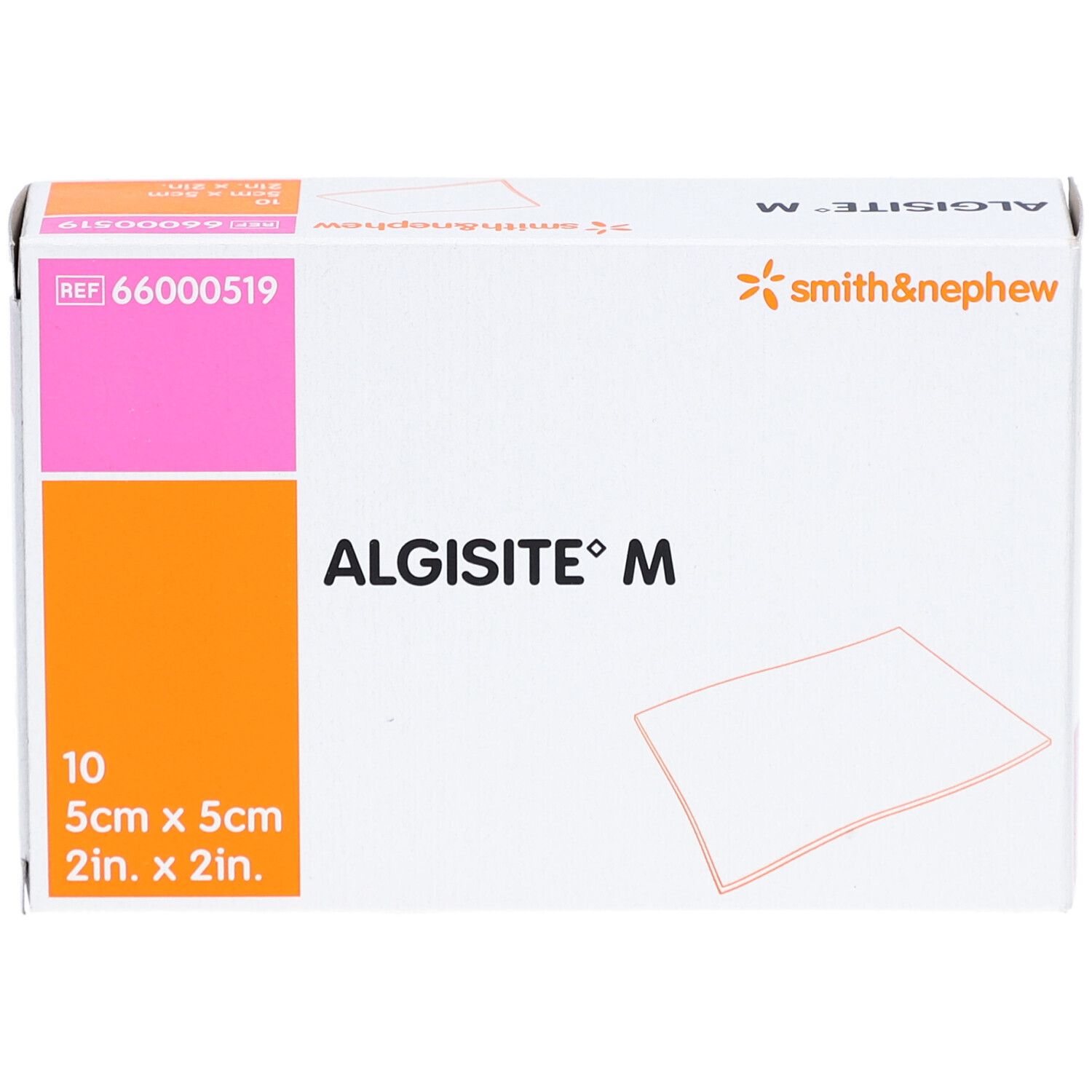 Verpackung von Algisit M, 5cm x 5cm. Enthält 10 Stück. Marke Smith & Nephew.