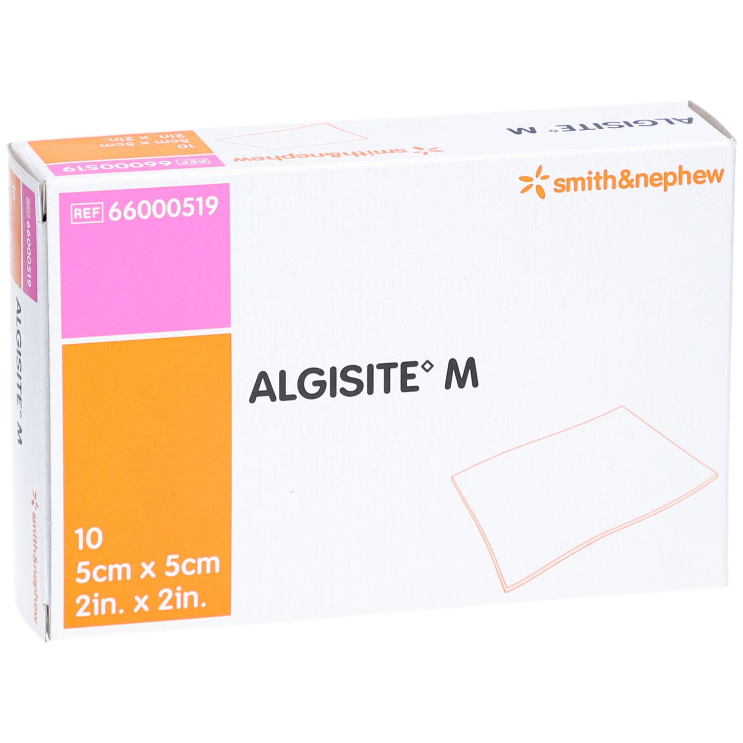 Verpackung von Algisit M, 5cm x 5cm. Enthält 10 Stück. Marke Smith & Nephew.