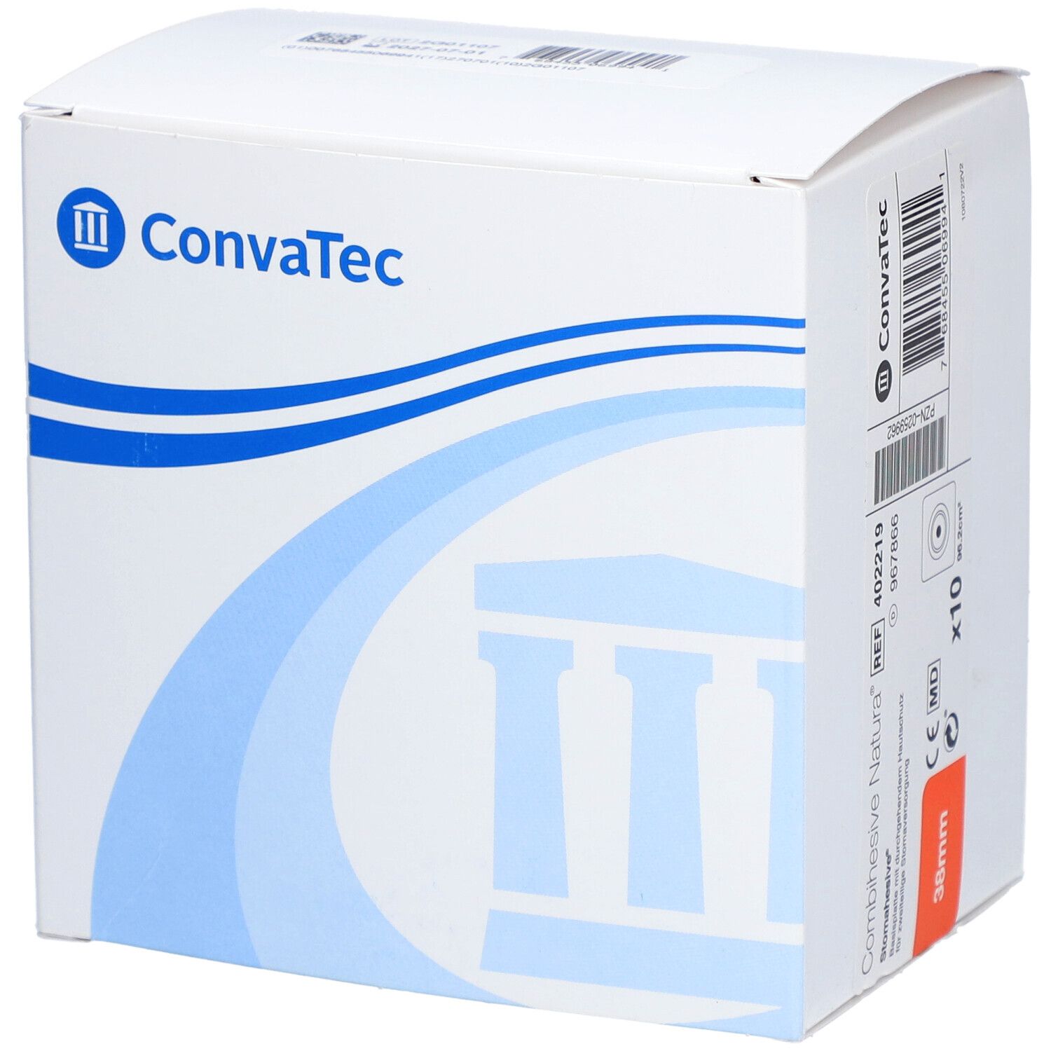 Weiße Verpackung mit blauem Design und ConvaTec-Logo. Enthält Produktinformationen und Barcode.