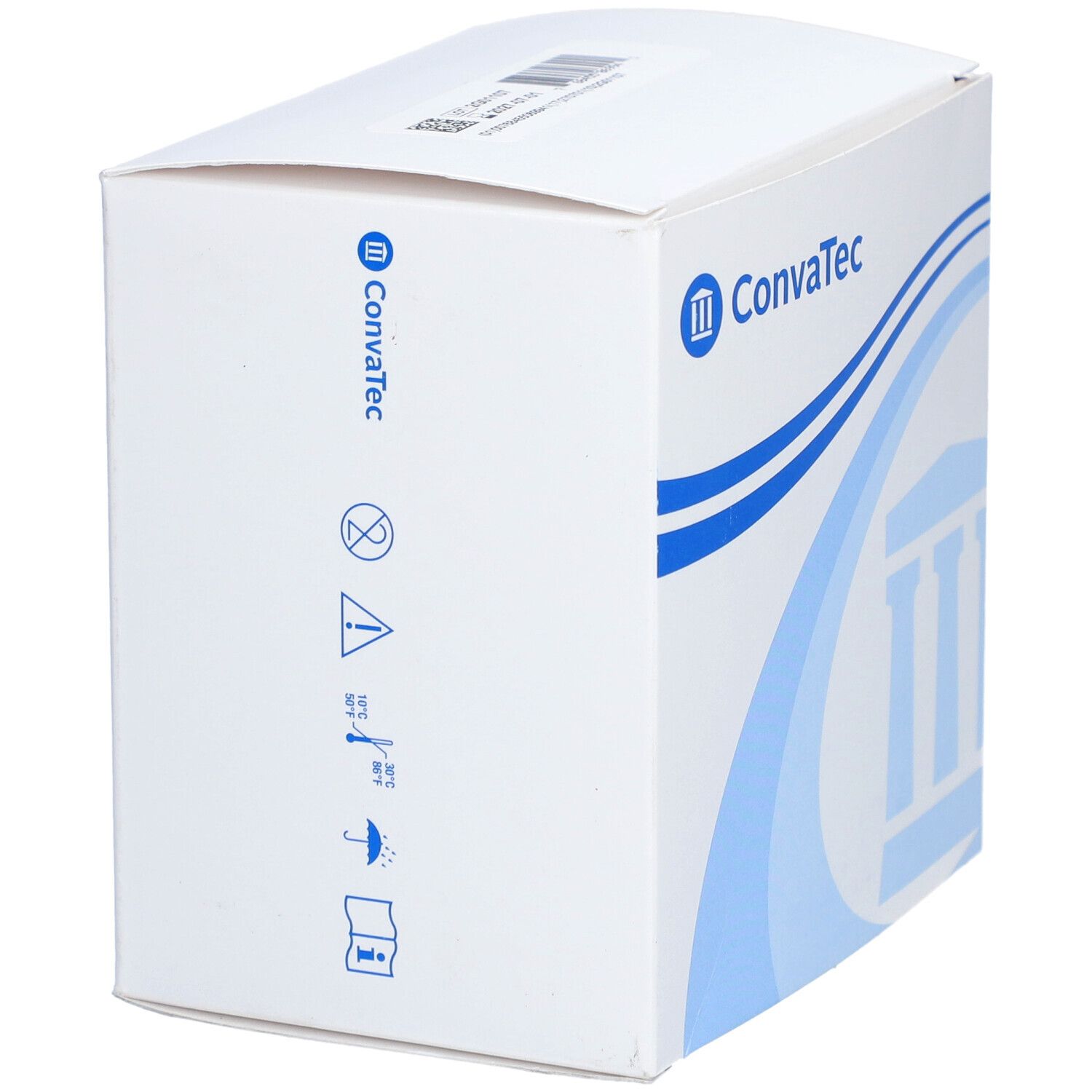 Weiße Verpackung mit blauem Design und ConvaTec-Logo. Enthält Piktogramme für Vorsichtsmaßnahmen.
