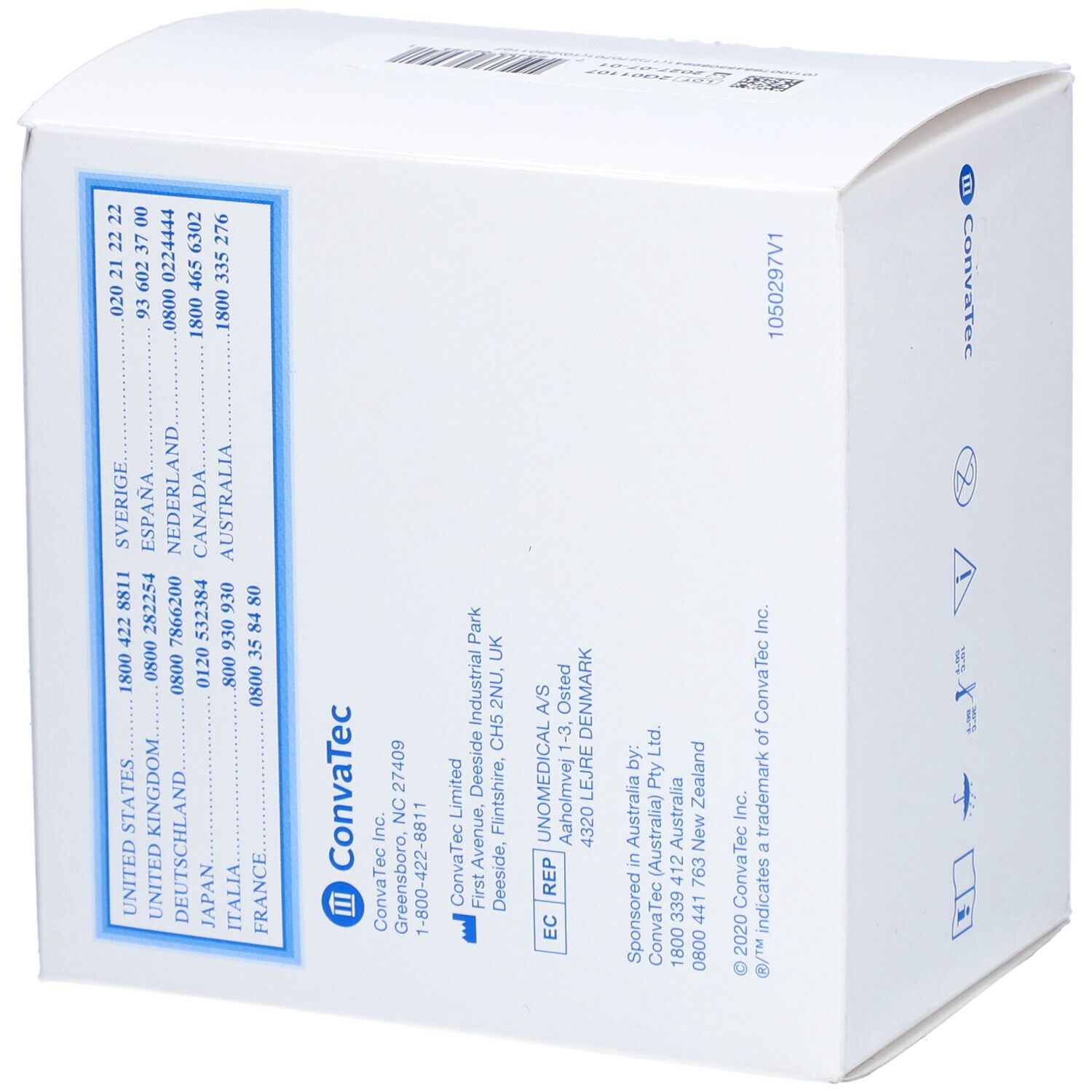 Weiße Verpackung mit blauem Design und ConvaTec-Logo. Rückseite mit Kontaktinformationen für verschiedene Länder.