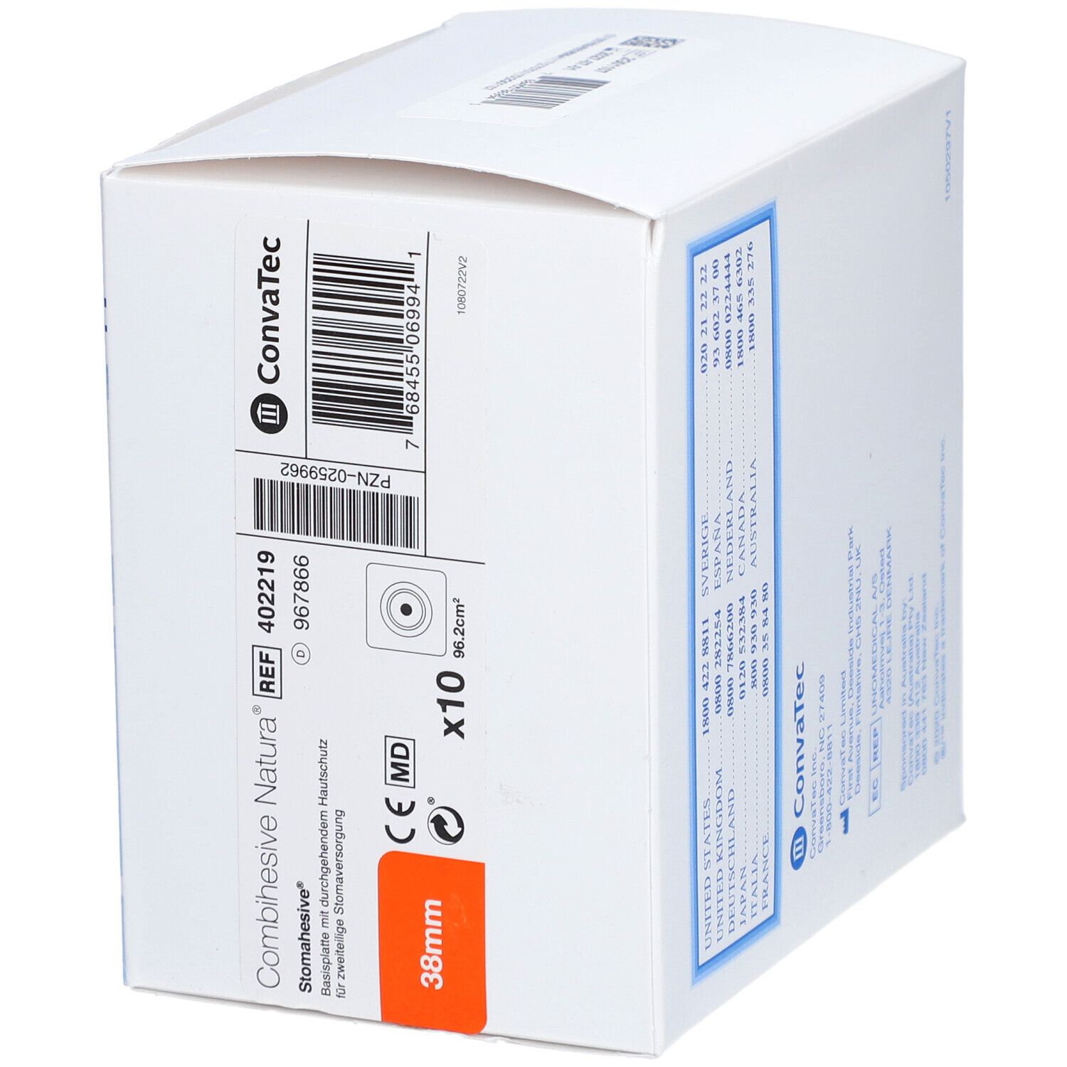 Weiße Verpackung mit blauem Design und ConvaTec-Logo. Enthält Produktnamen, Größe 38mm und Menge x10.