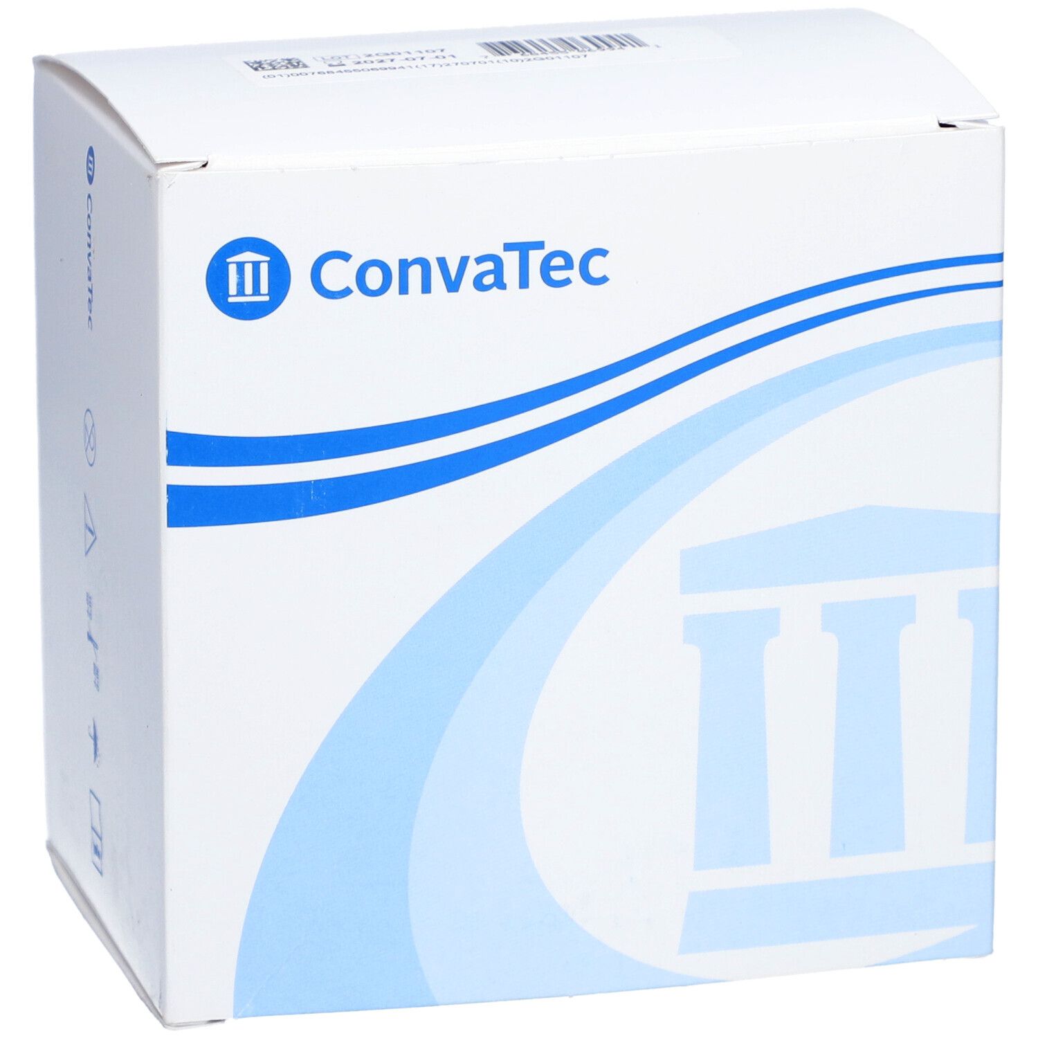 Weiße Verpackung mit blauem Design und ConvaTec-Logo. Enthält Piktogramme und Produktinformationen.