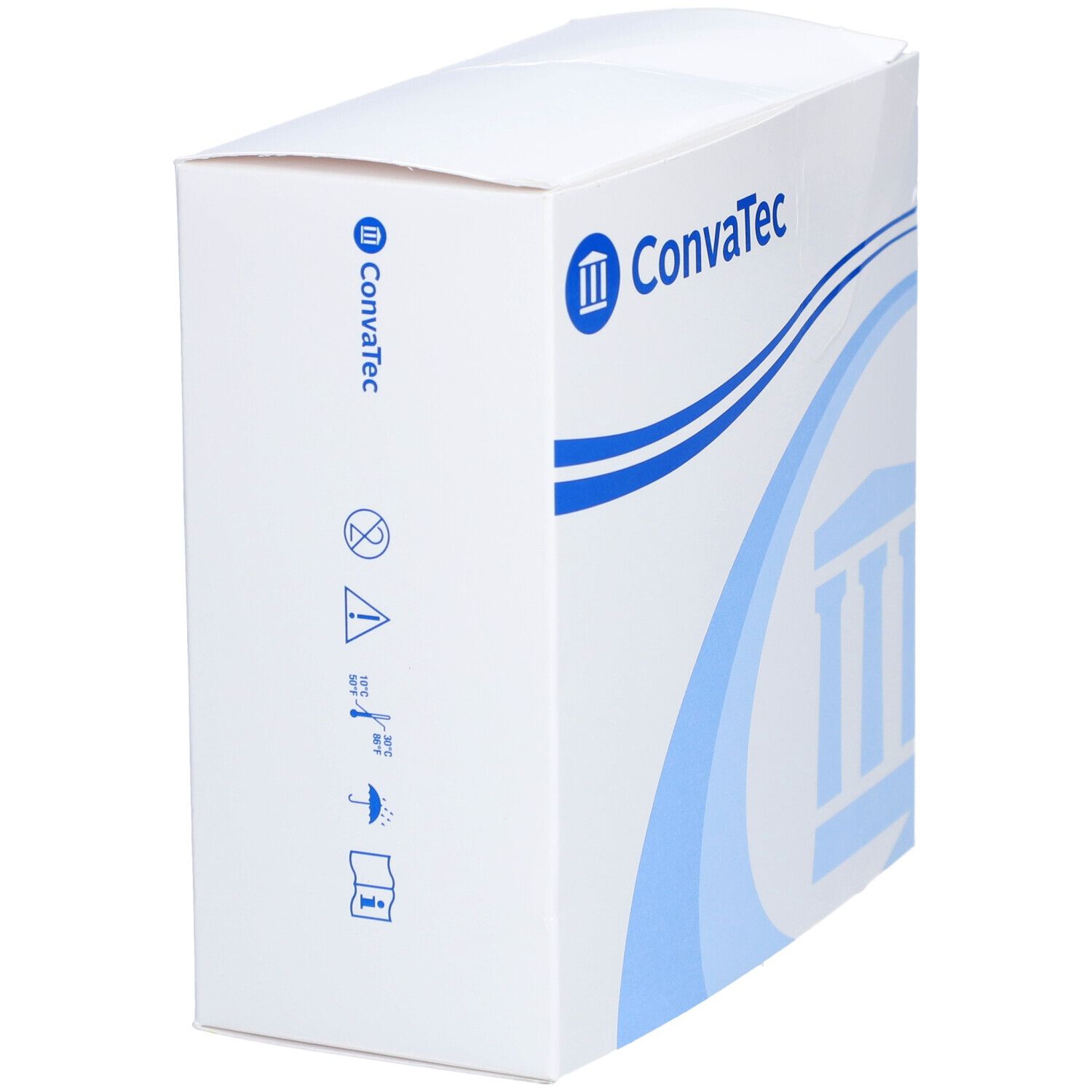 Boîte blanche avec logo bleu ConvaTec. Pictogrammes. Arrière avec symboles d'avertissement.