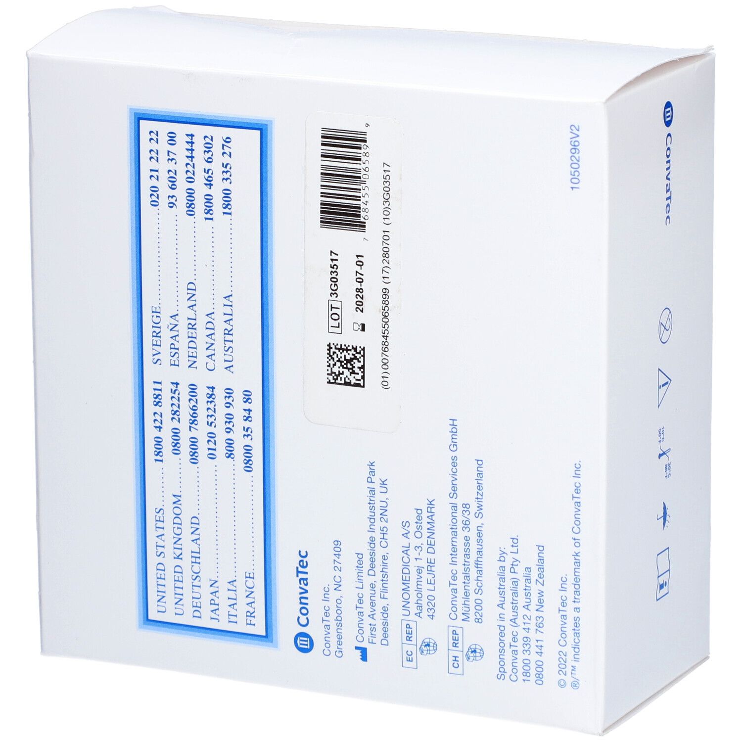 Boîte blanche avec logo bleu ConvaTec. Arrière avec coordonnées et code-barres.