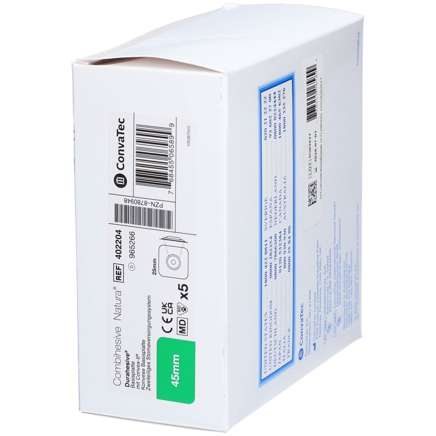 Boîte blanche avec logo bleu ConvaTec. Texte: Combhesive Natura, 45mm, x5.