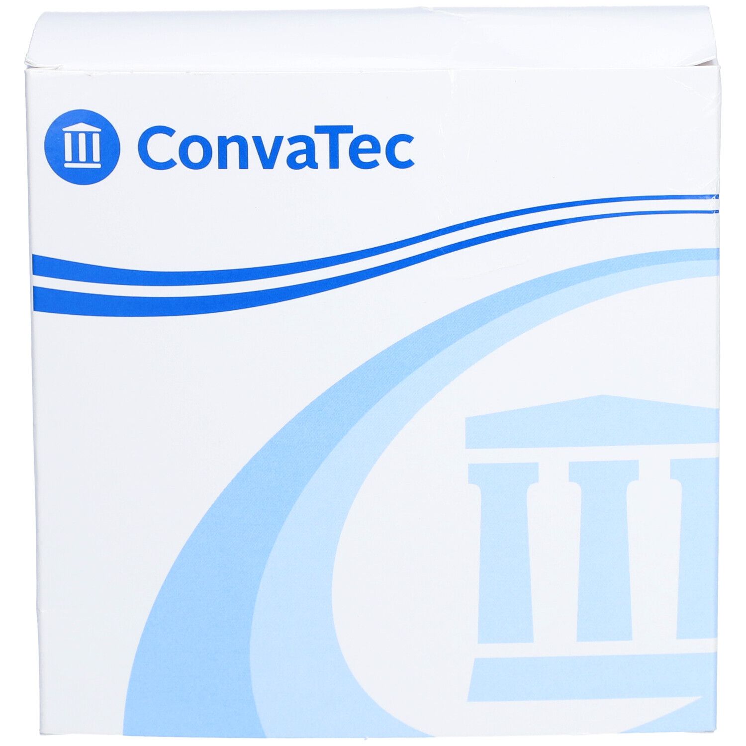 Boîte blanche avec logo bleu ConvaTec. Motifs ondulés bleus. Vue du produit.