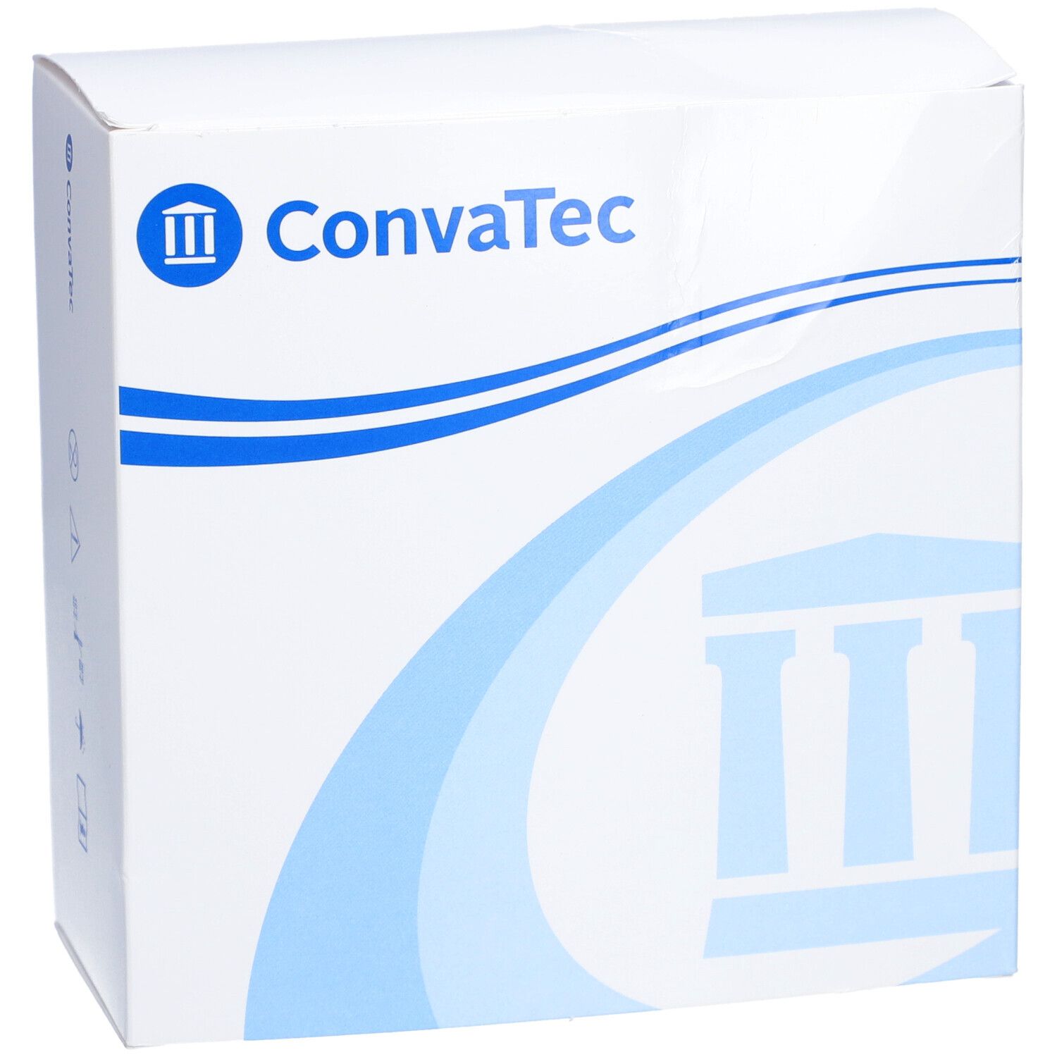 Boîte blanche avec logo bleu ConvaTec. Vue du produit. Forme carrée.