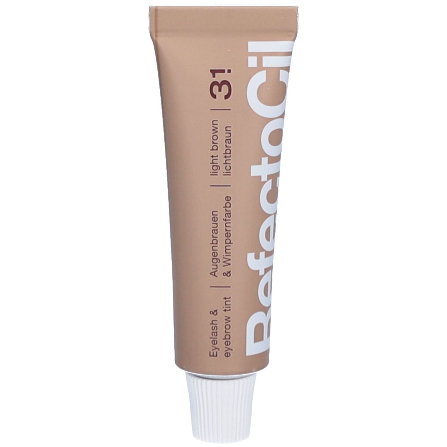 Tube Refectocil 3.1, brun clair. Teinture cils et sourcils. Bouchon blanc. Tube beige avec texte.
