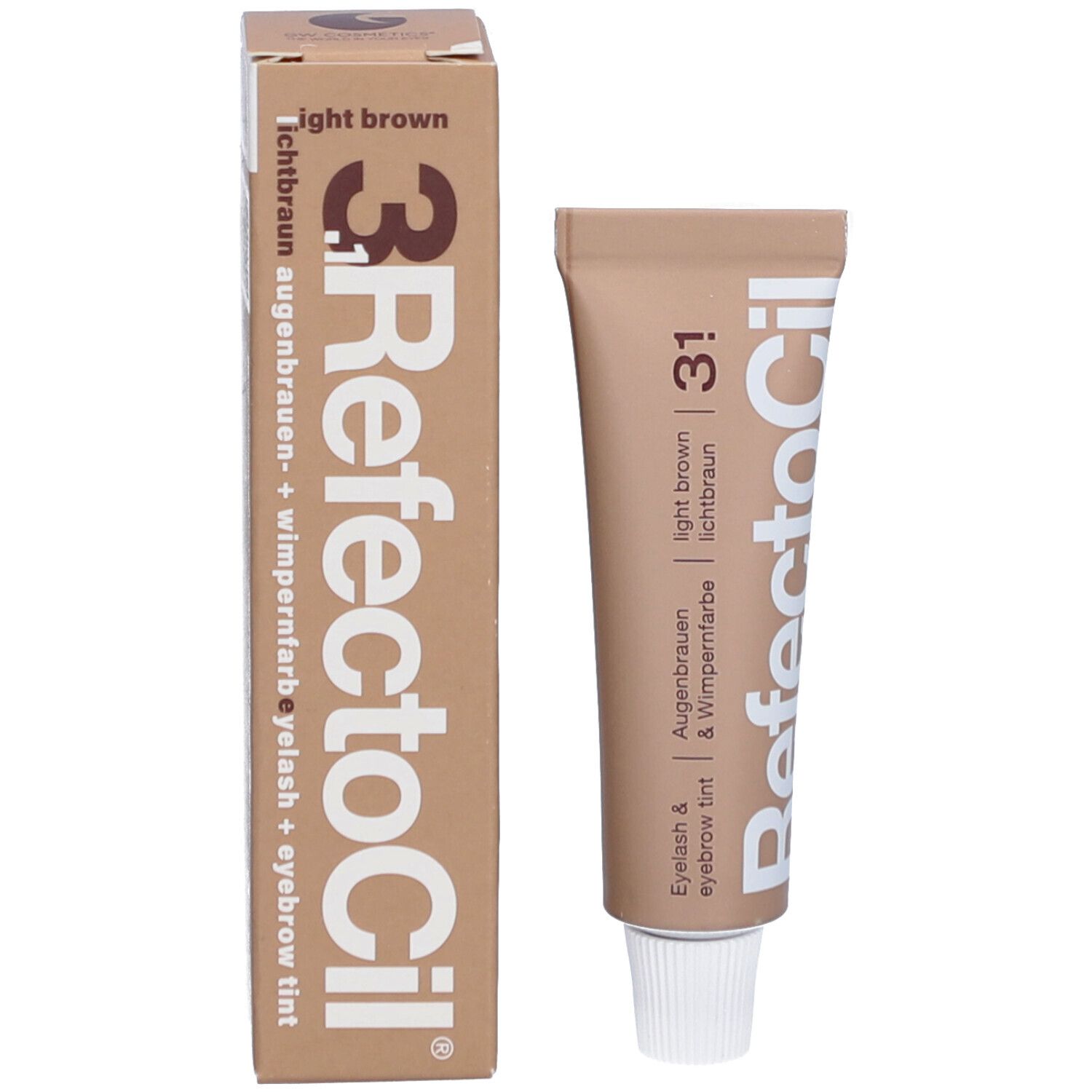 Refectocil 3.1, brun clair, avec emballage. Teinture cils et sourcils. Emballage et tube beiges.