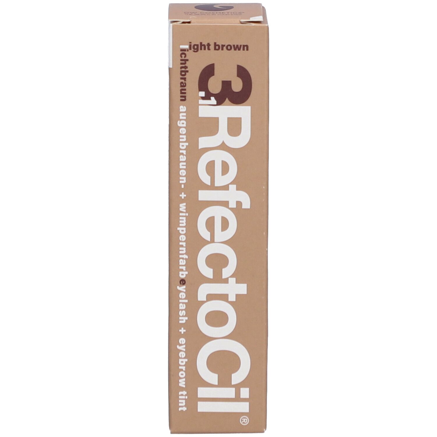 Emballage Refectocil 3.1, brun clair. Teinture cils et sourcils. Emballage beige avec texte.