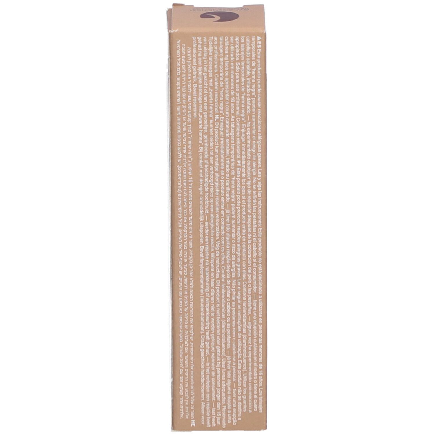 Côté de l'emballage Refectocil. Texte multilingue. Emballage beige.